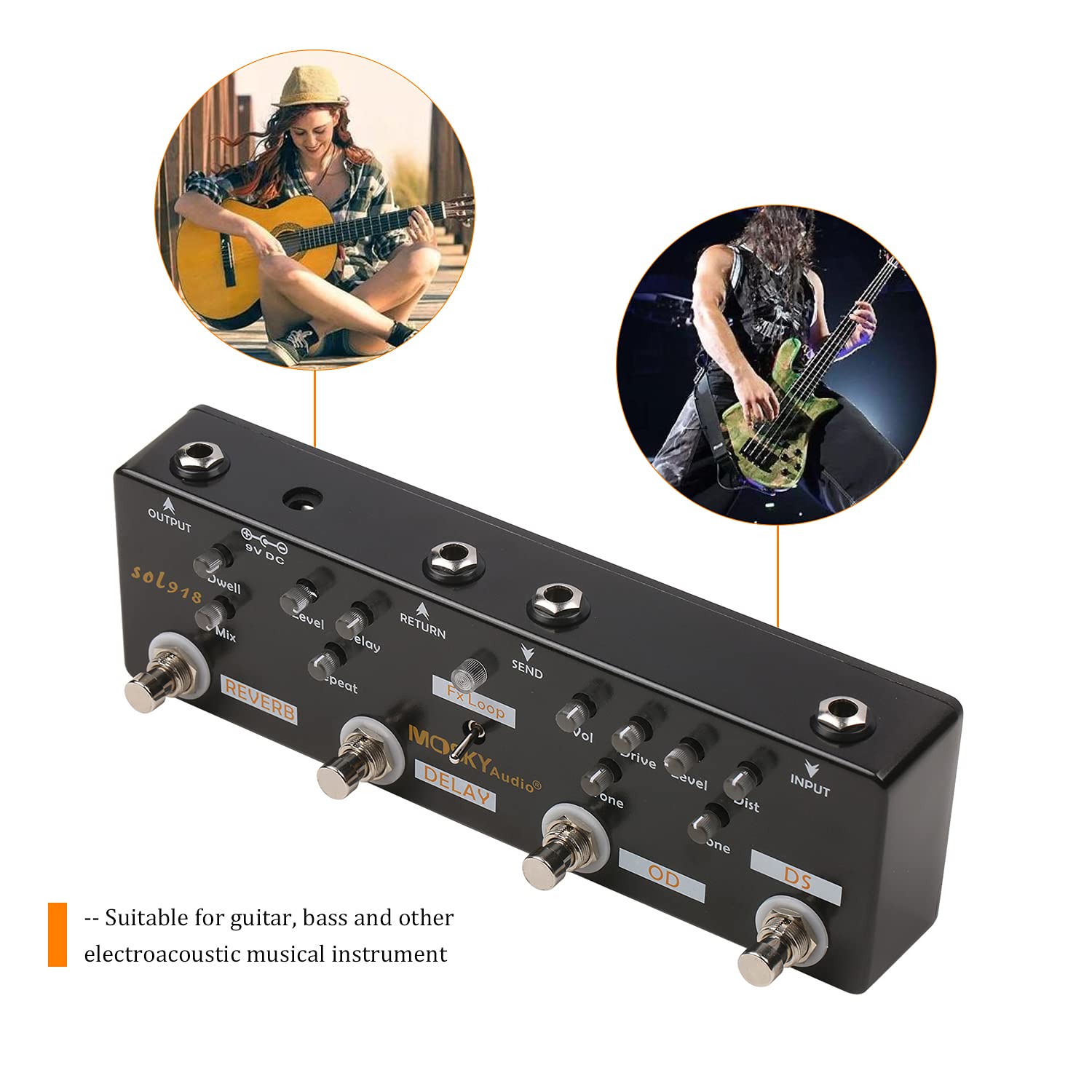 efector,mewmewcat MOSKY Audio SOL918 Pedal de efectos múltiples 5 en 1 Pedal de guitarra de efectos combinados True Bypass Dispositivo de efectos combinados múltiples en uno Reverberación Delay FX Loo