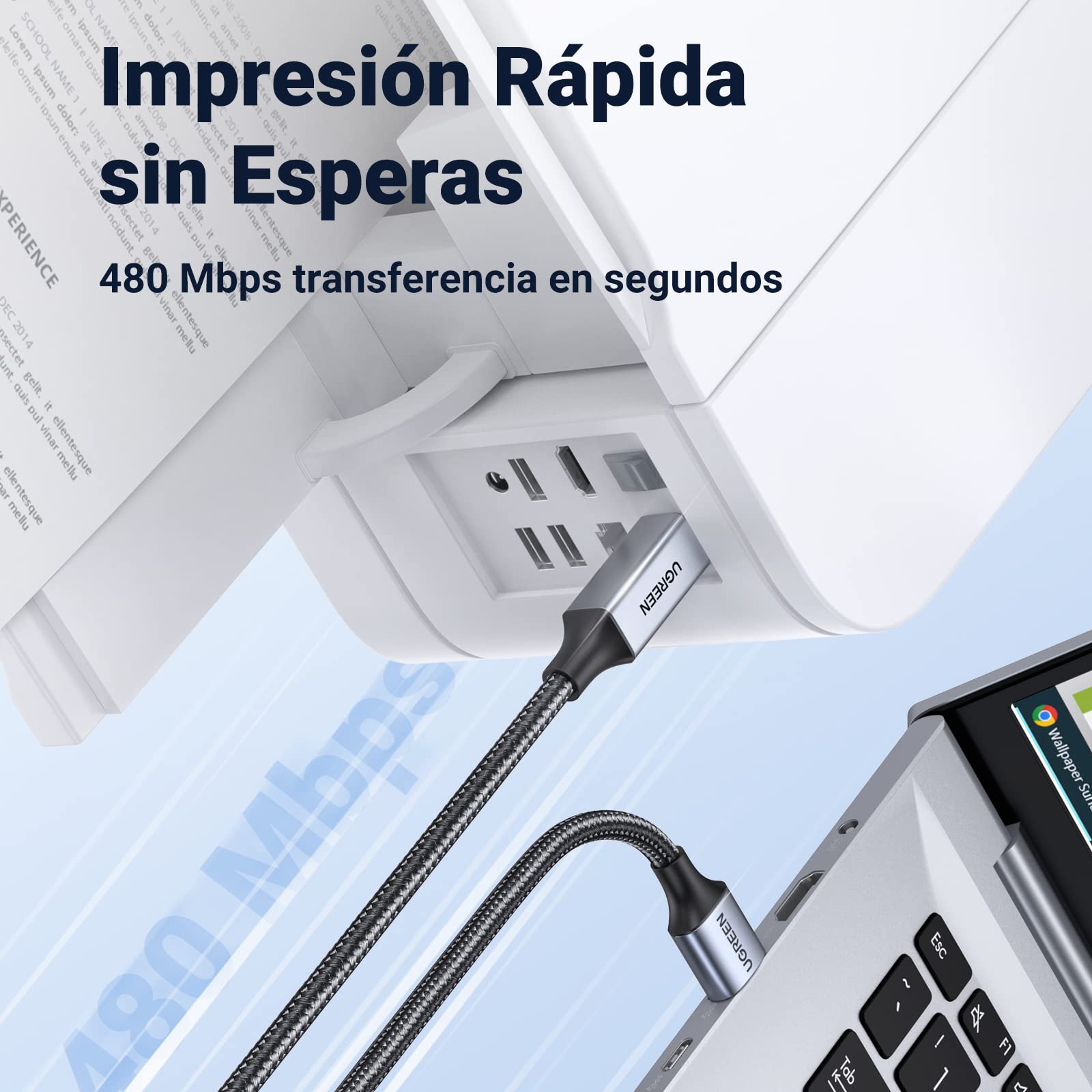 Cable Impresora UGREEN Negro Nylon Largo 2M USB 2.0 Tipo A a B para HP, Epson, Brother, Lexmark y Escáner