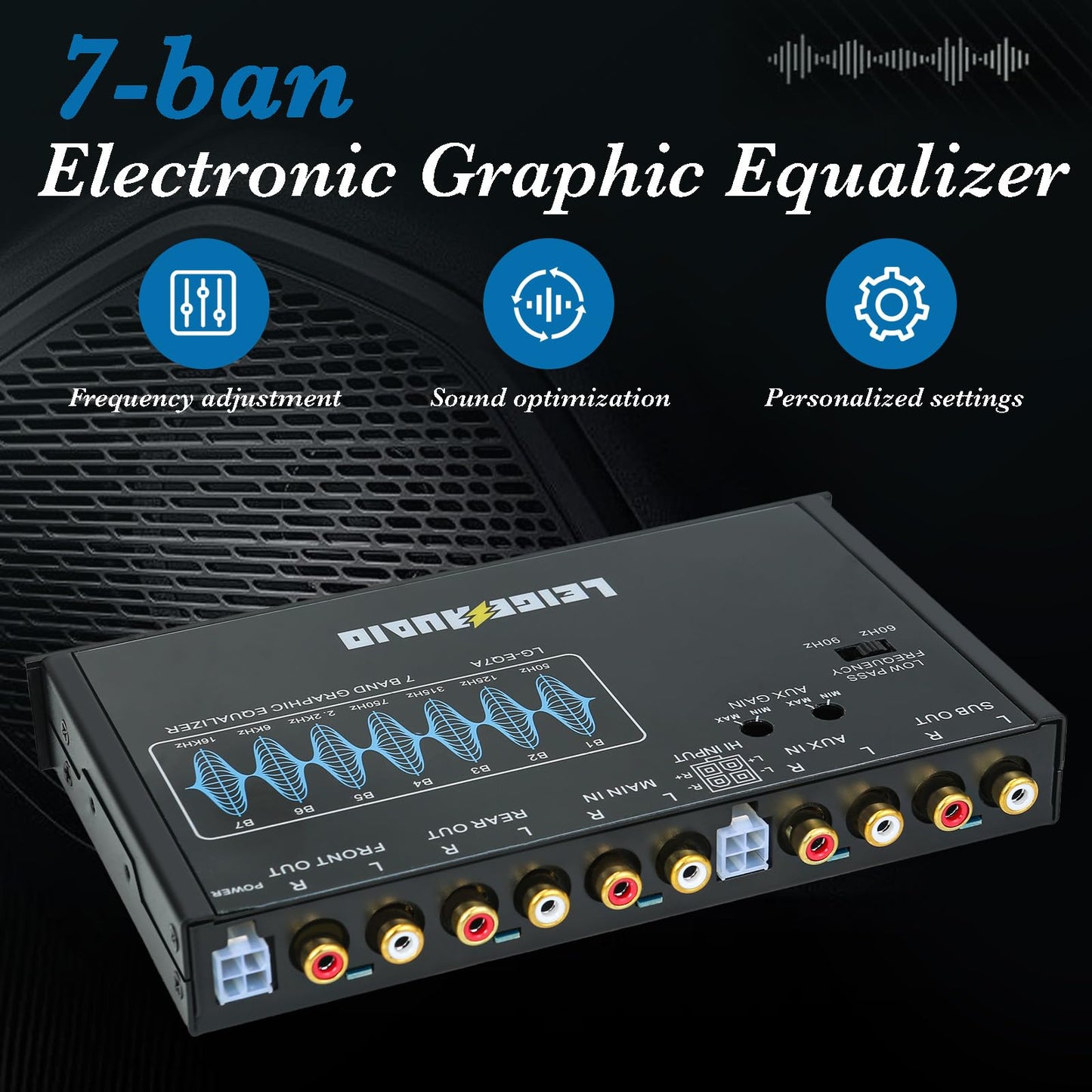 LEIGESAUDIO LG-EQ7A - Ecualizador gráfico de audio para coche de 7 bandas con entrada auxiliar frontal de 3,5 mm, salidas RCA de alto voltaje y entradas de altavoz de alto nivel