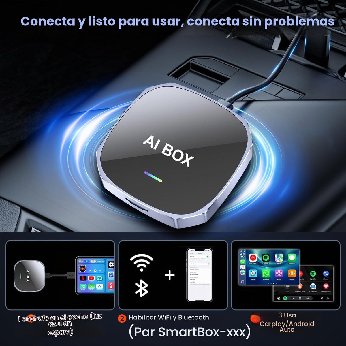 Adaptador Inalámbrico 2 en 1 Magic AI Box Streaming para Apple CarPlay y Android Auto 2026 Compatible Netflix YouTube coche