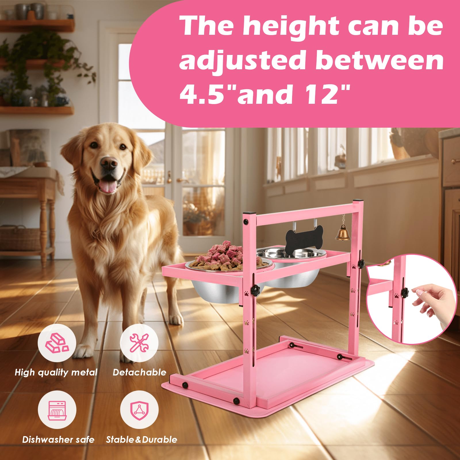 Cuencos Elevados SHAINFUN Rosa con Soporte Ajustable y 2 Cuencos de Acero Inoxidable para Perros Grandes, Medianos y Pequeños