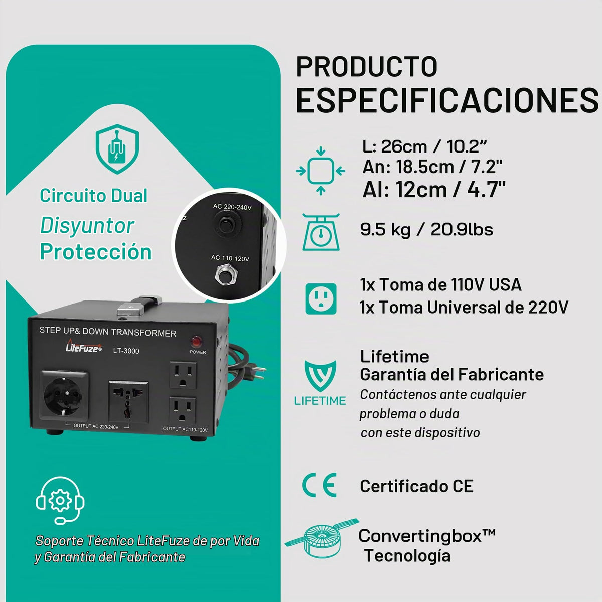 Convertidor de Voltaje LiteFuze LT Series 3000 W con Enchufe Universal Certificado CE