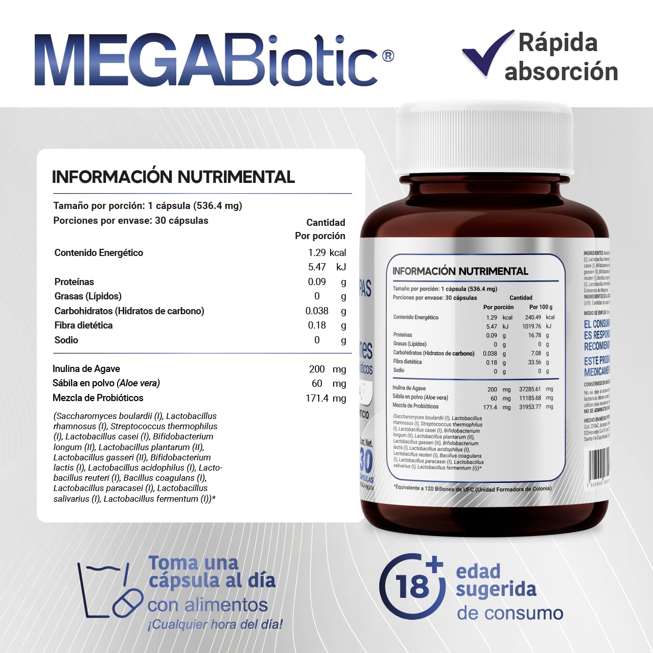 Suplemento Alimenticio MegaBiotic 120 Billones y 17 Cepas con Inulina de Agave y Sábila en Polvo