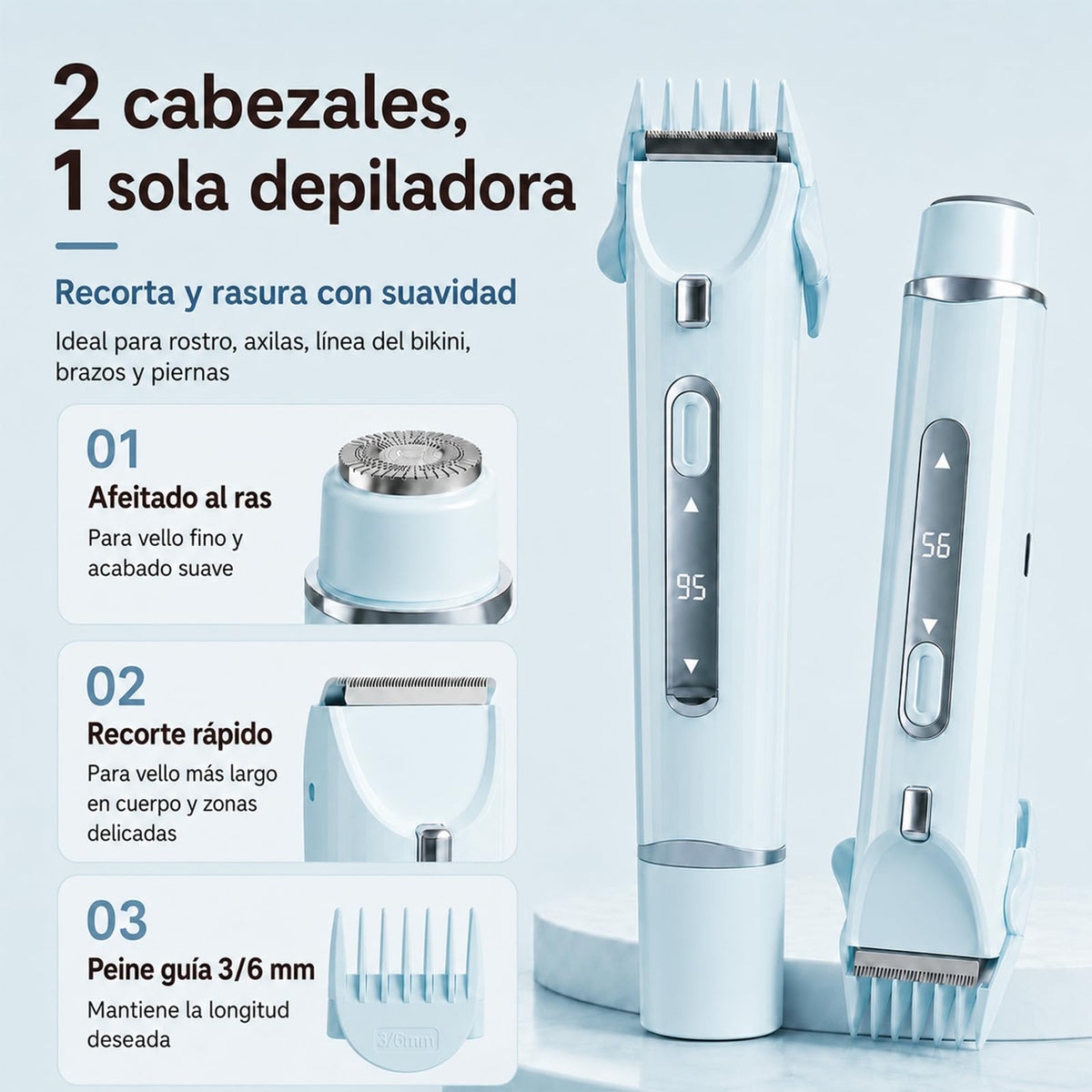 2 En 1 Maquina para depilar mujer, rasuradora eléctrica mujers, con Luces Auxiliares, Doble Cabezal | Recargable Type-C e IPX7, para Bikini Facial Brazos Axilas (Azul)