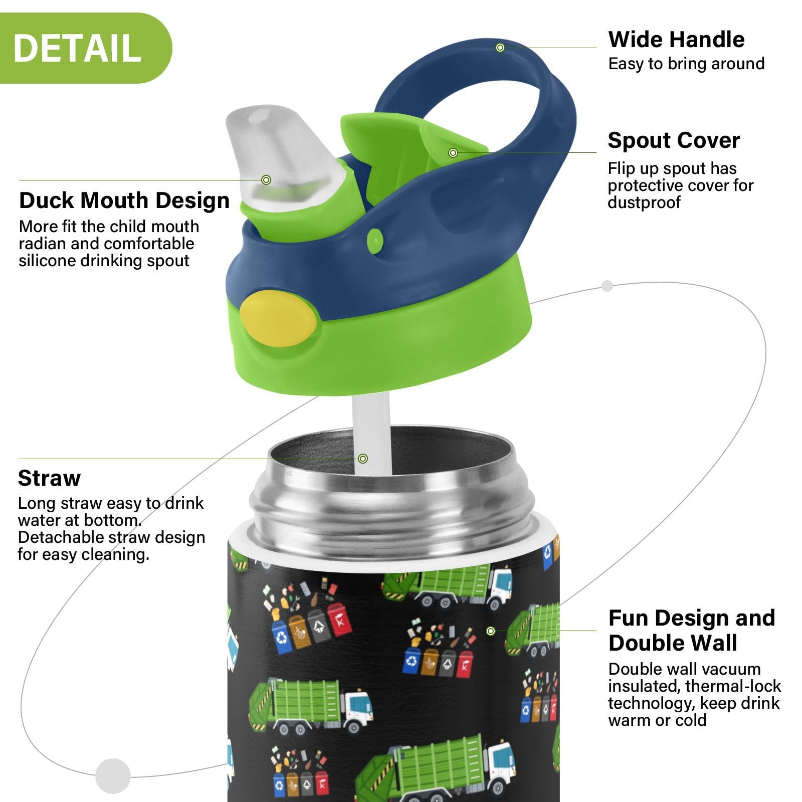 Botella de agua de acero inoxidable para niños, botella de agua aislada al aspiradora de acero inoxidable de 12 onzas para niños y niños, botellas aisladas al aspiradora de doble pared (reciclaje de