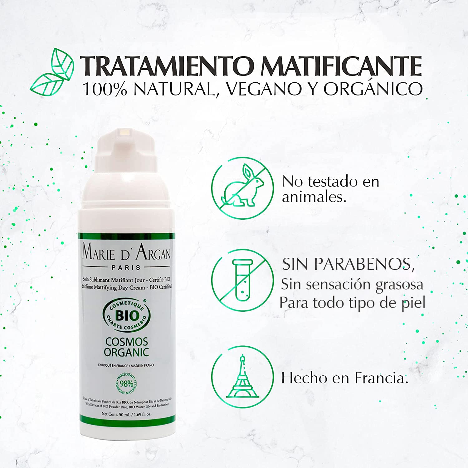 Tratamiento Matificante Día Marie d'Argan, Natural, Orgánico, Vegano, Disminuye Manchas, Unifica el Tono, Controla el Brillo, Antiedad