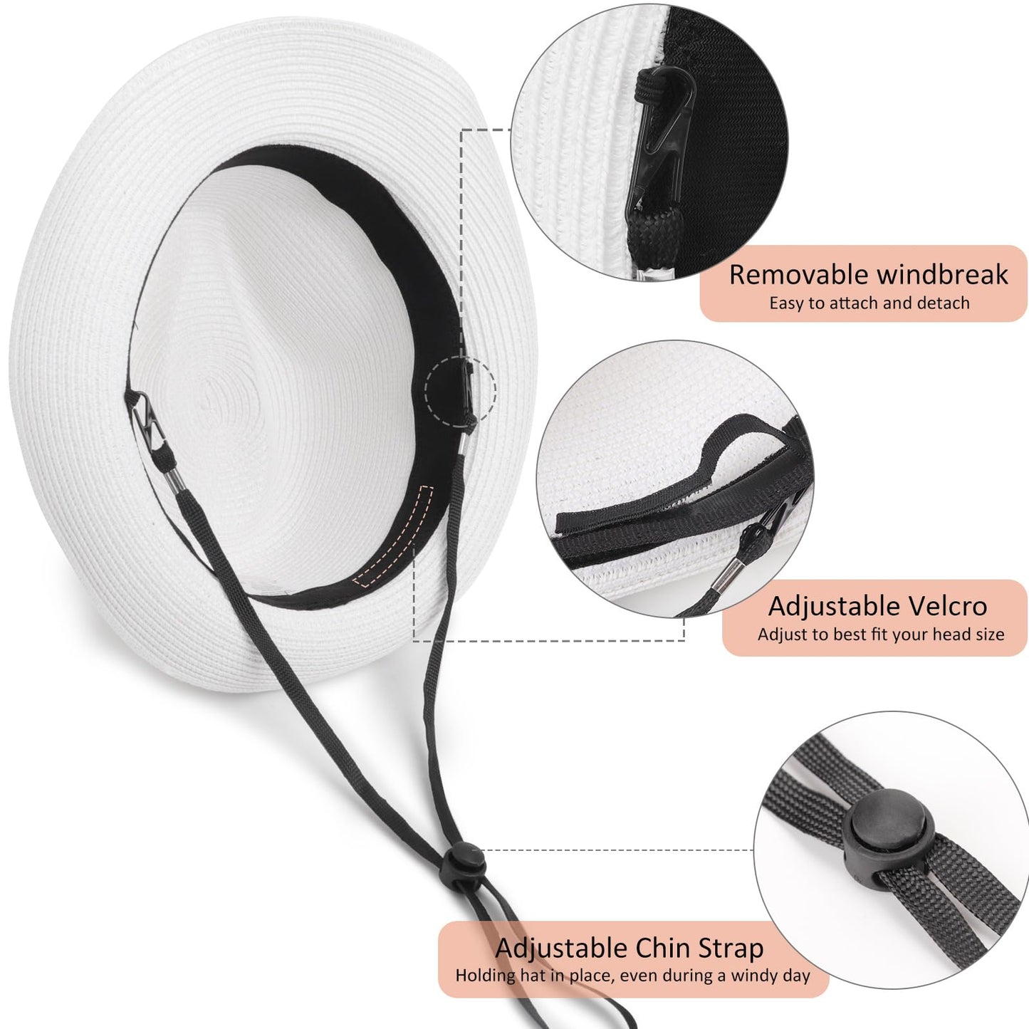 DRESHOW Sombrero de paja para mujer, de ala corta, estilo Panamá, para viajar, fedora, verano, enrollable, para la playa, con protección UPF 50+.