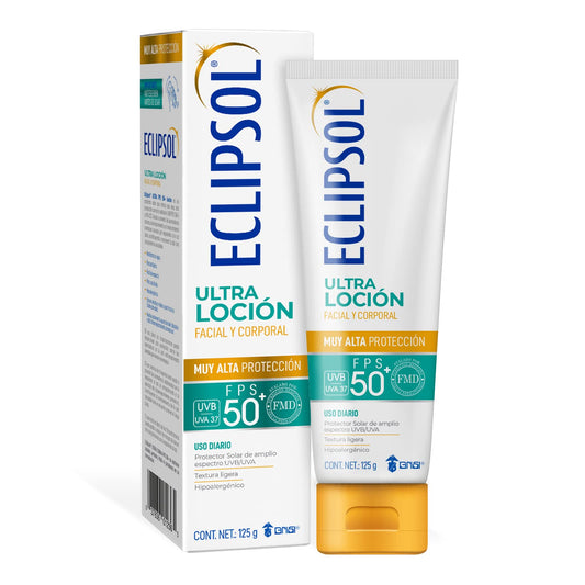 Eclipsol Ultra Loción Protector Solar Facial y Corporal FPS50+, Hipoalergénico, Textura Ultraligera y Resistente al Agua, Uso Diario, 125 g