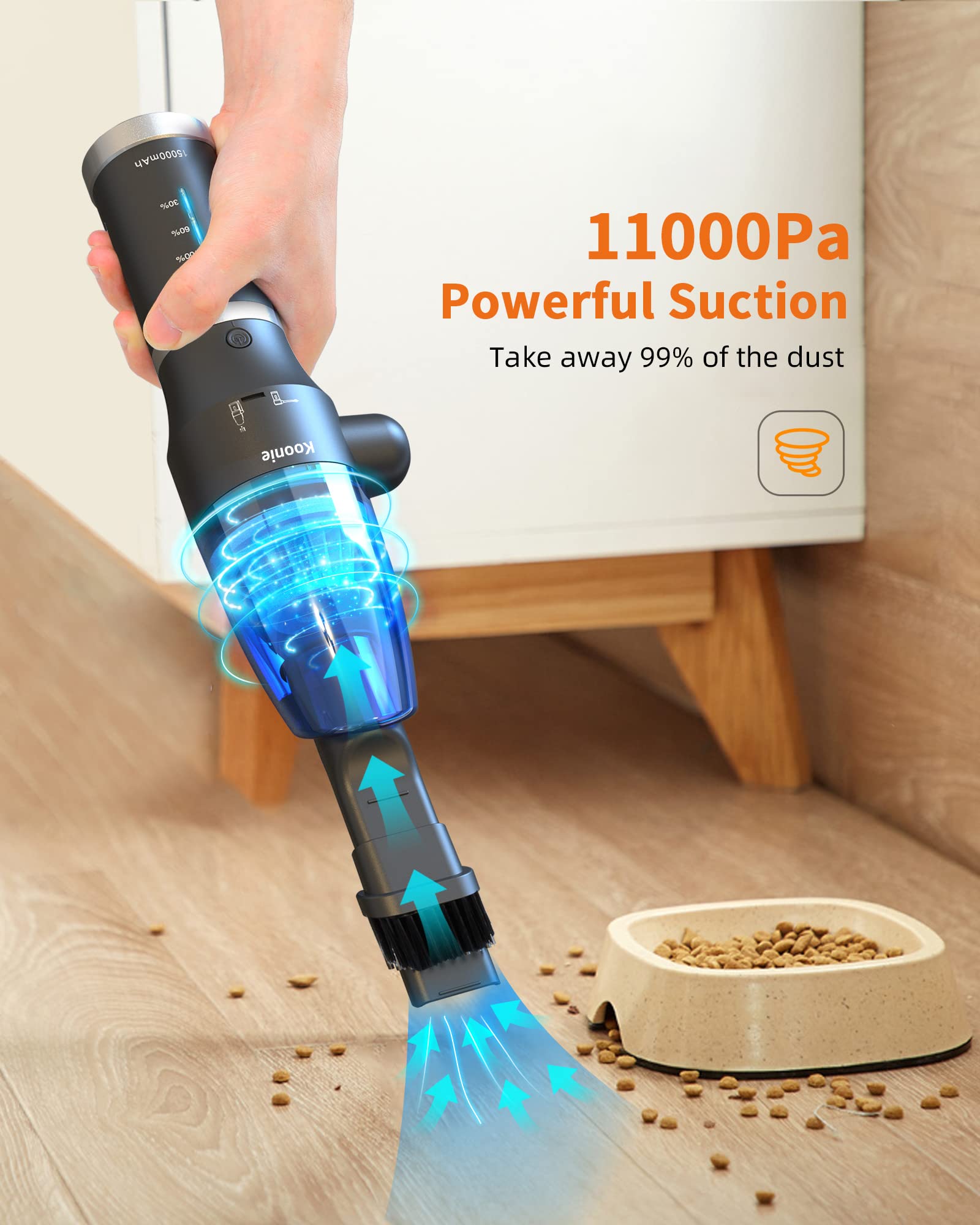 Koonie - Plumero de aire comprimido inalámbrico de 15000 mAh y aspiradora 2 en 1, potente 77000 RPM/11000 PA, 2 velocidades con batería desmontable, para computadora/teclado, coche, electrónica