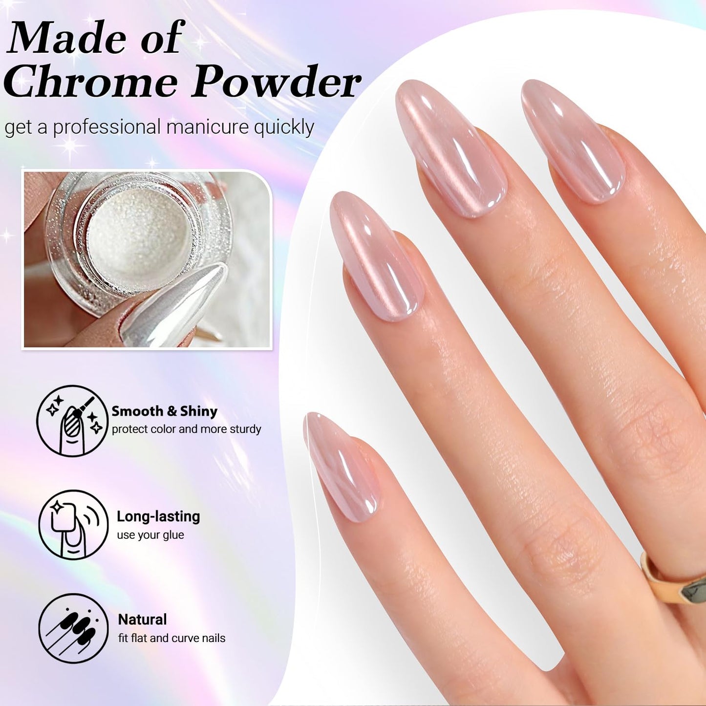 SXVME Rosquilla Esmaltada Blanca French Tip Press On Uñas Almendra, Rosa Francés Cromo Clavos Prensa Ons Para Mujeres, Aurora Pegamento En Uñas De Longitud Media, Espejo Reflectante Clavos Acrílicos L