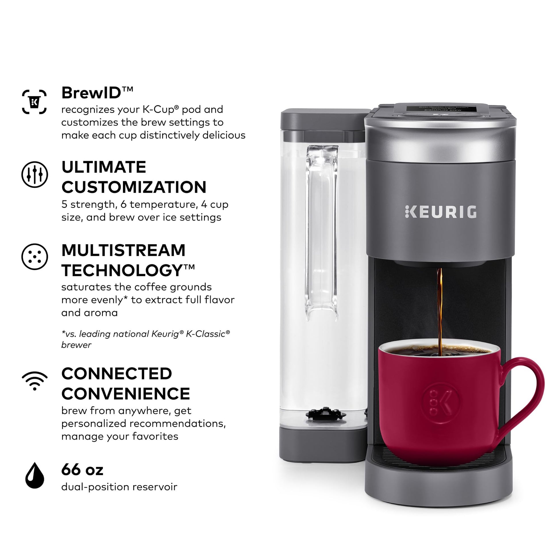 Keurig K-Supreme SMART - Cafetera de una sola porción con compatibilidad Wifi, 4 tamaños de cerveza y depósito extraíble de 66 onzas, compatible con Alexa, gris