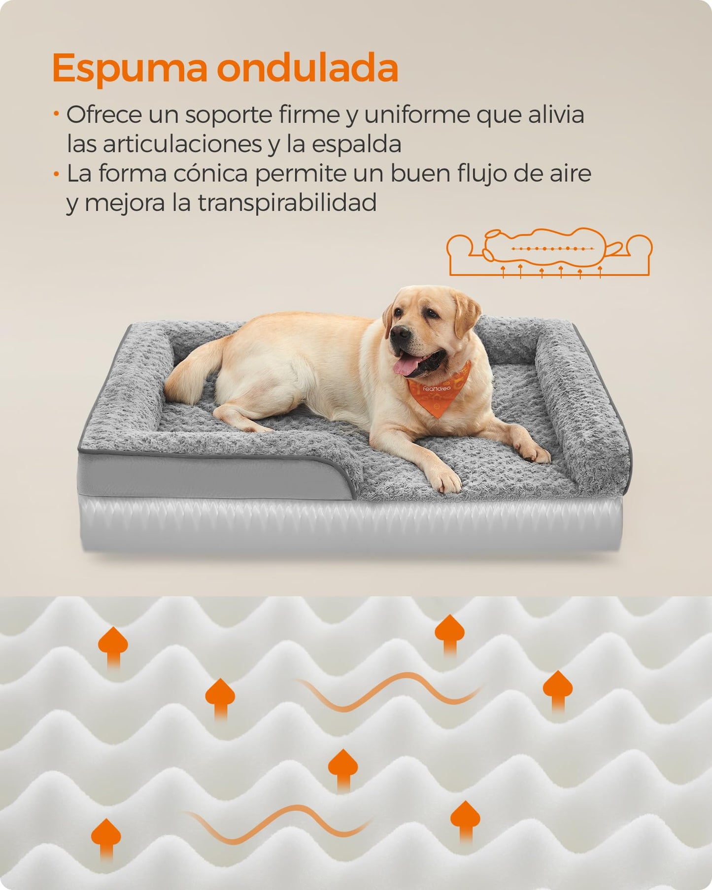 Cama Ortopédica para Perros Feandrea Rosa con Espuma Corrugada y Bordes Acolchados Gris Paloma