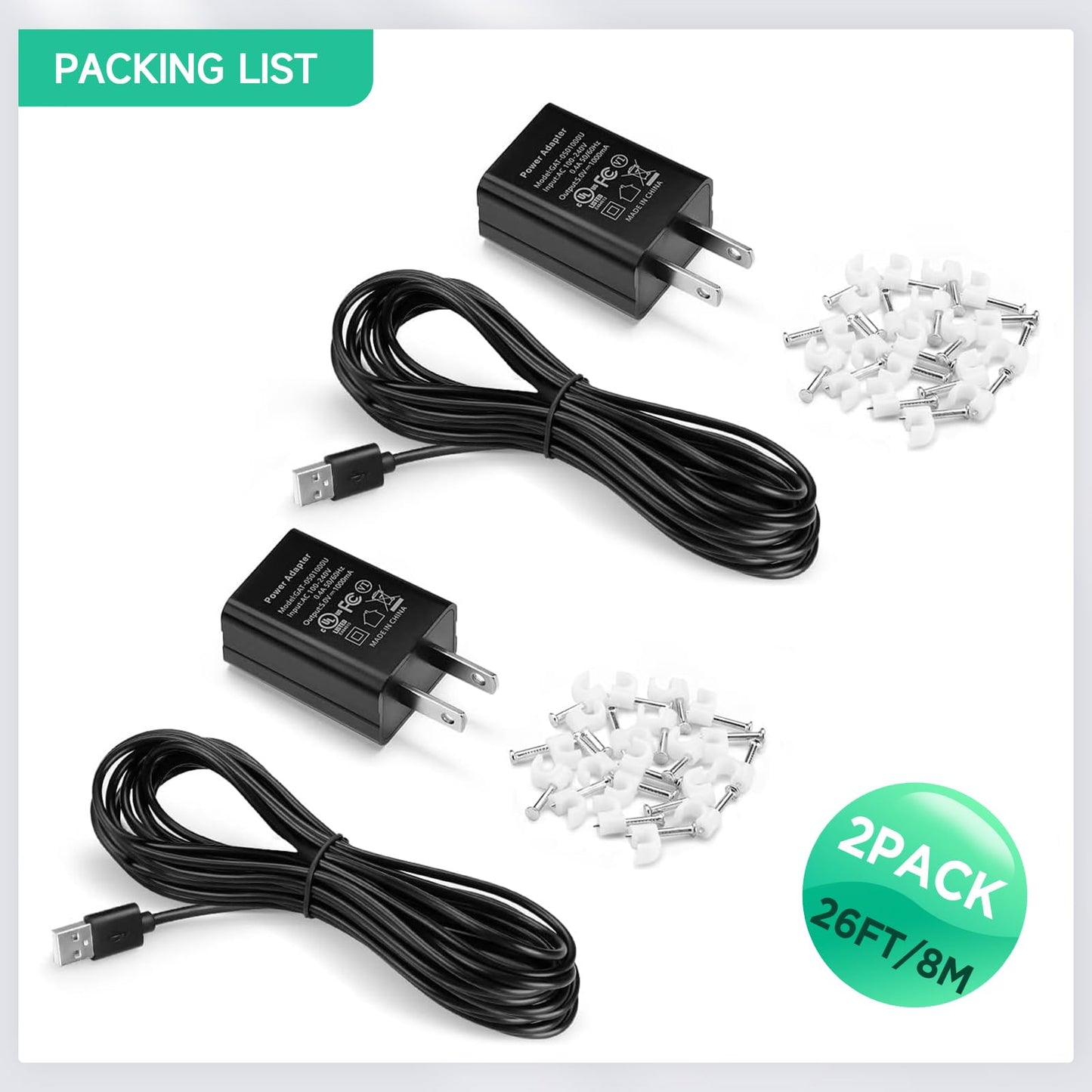 OLAIKE 8 m/ 26 pies (Paquete de 2) Cable de Carga Resistente a la Intemperie para Stick Up CAM Battery/Plug-in y Spotlight CAM Battery y Soporte para inclinación y Vista panorámica, Negro