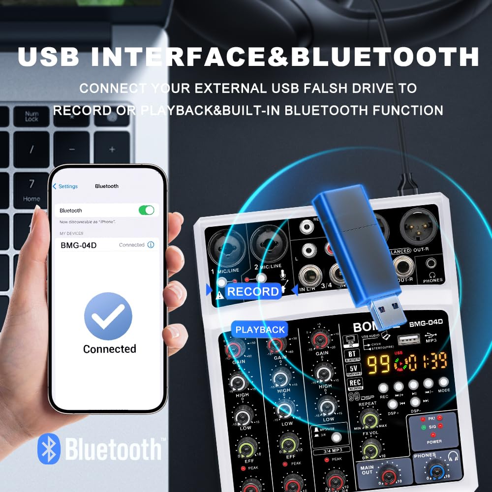 BOMGE - Mini mezclador de audio Bluetooth de 4 canales con procesador 99DSP, interfaz USB, grabación estéreo, alimentación fantasma de 48 V para PC, teléfono (blanco)