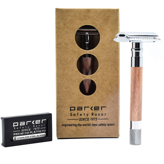 Parker Safety Razor 56R - Maquinilla de afeitar de seguridad de doble filo con 5 cuchillas Parker de acero inoxidable platino premium - Diseño clásico de 3 piezas (oro rosa)