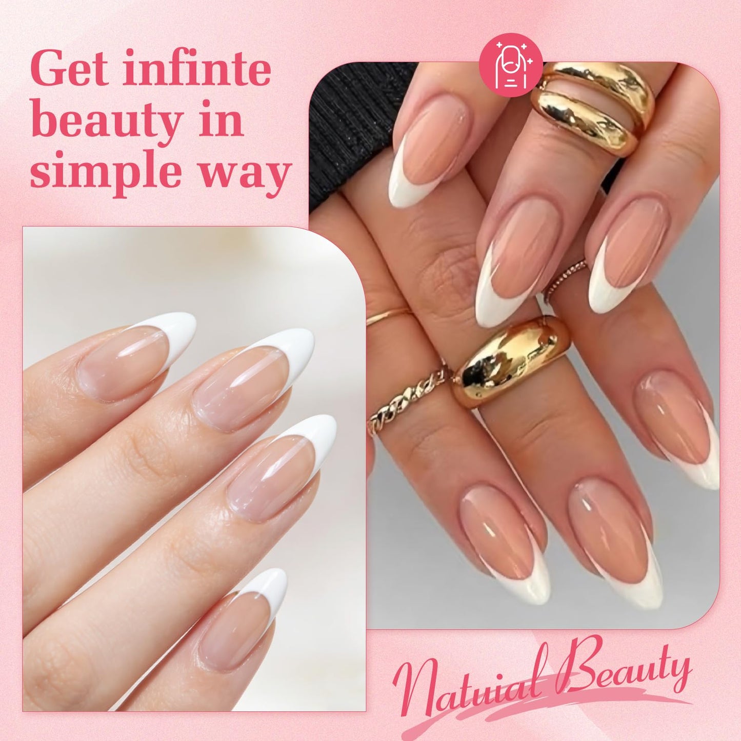 Skiennix Uñas postizas francesas - Forma almendrada mediana puntiaguda, 15 tamaños, 30 piezas de uñas adhesivas de gel suave reutilizables, kit clásico de uñas postizas para mujer.