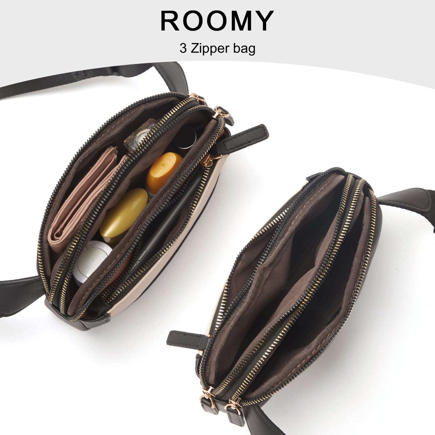 CLUCI - Riñonera para mujer, mini bolso cruzado en todas partes, correa ajustable, piel vegana, riñonera para mujer, A-1 Negro y café con Blanquecino, Una talla