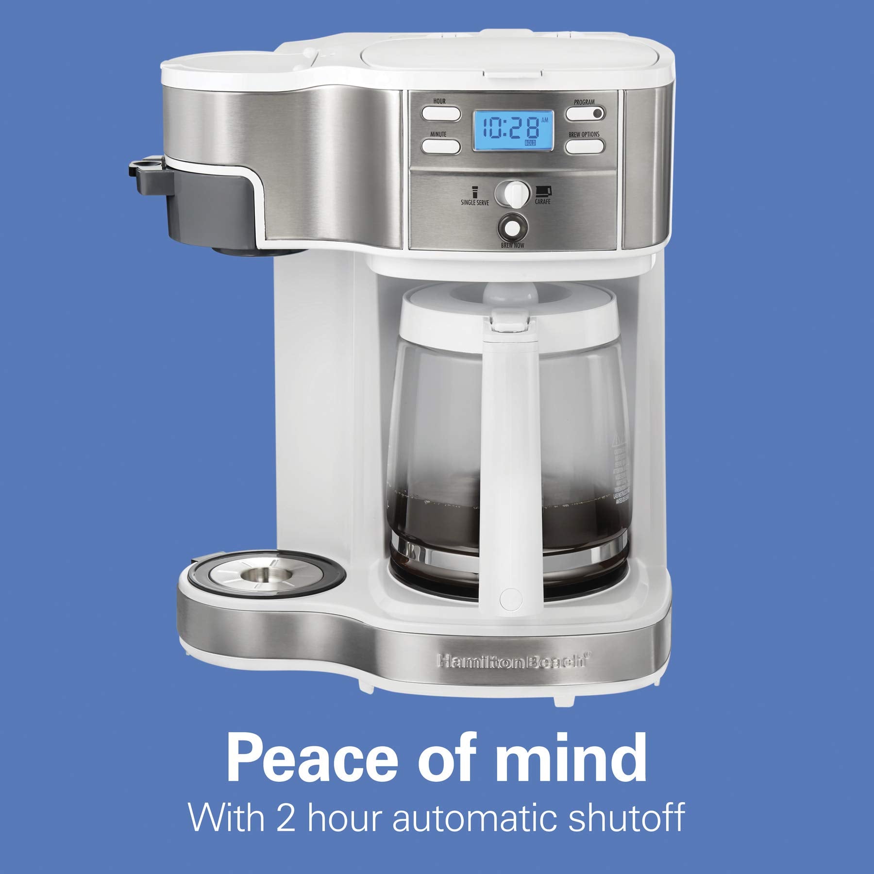 Hamilton Beach 49933 - Cafetera programable de goteo de 2 vías y máquina de una sola porción, jarra de vidrio, pausa y vierte automáticamente, color blanco