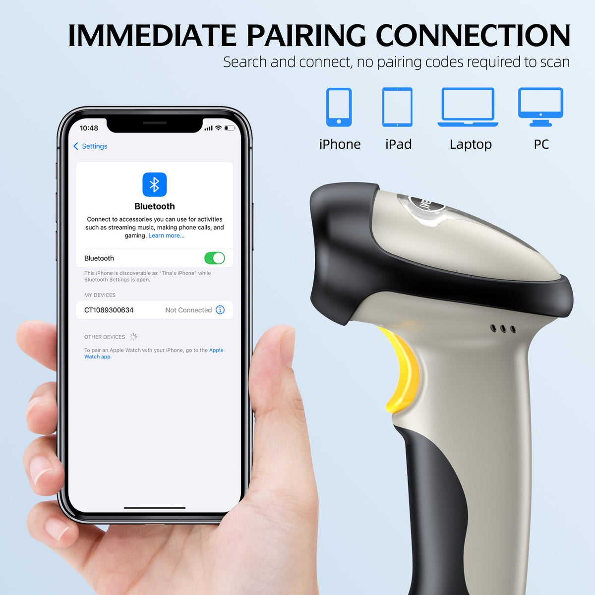 Escáner de Código de Barras Manual TEEMI Bluetooth Láser 1D con Escaneo Automático