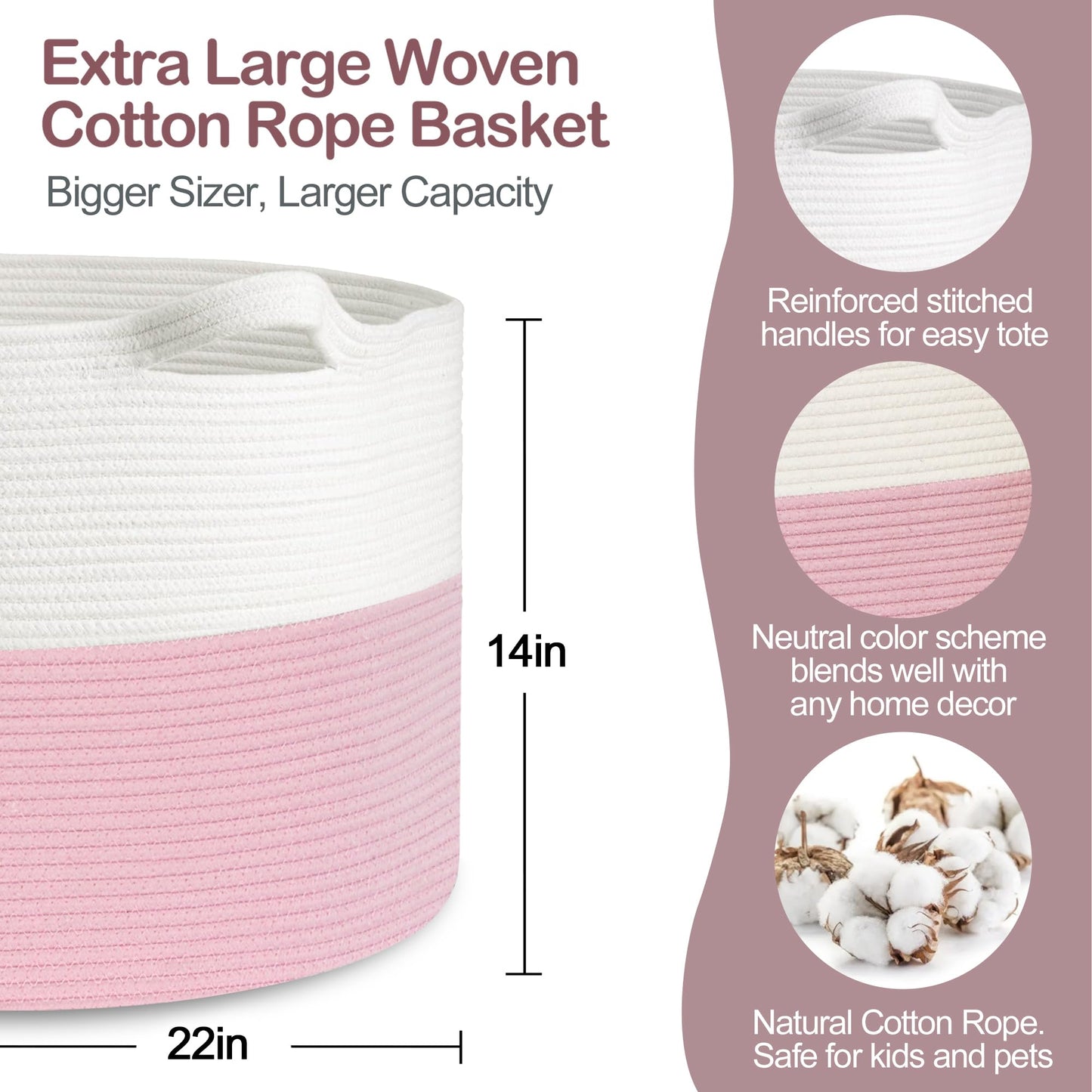 MEGASKET Cestas de almacenamiento rosas para organizar, 22 x 22 x 14 pulgadas, cesta de manta XXXL para sala de estar, cesta de juguetes grande, cestas tejidas de cuerda de algodón rosa suave para almacenamiento, cestas decorativas para guardería