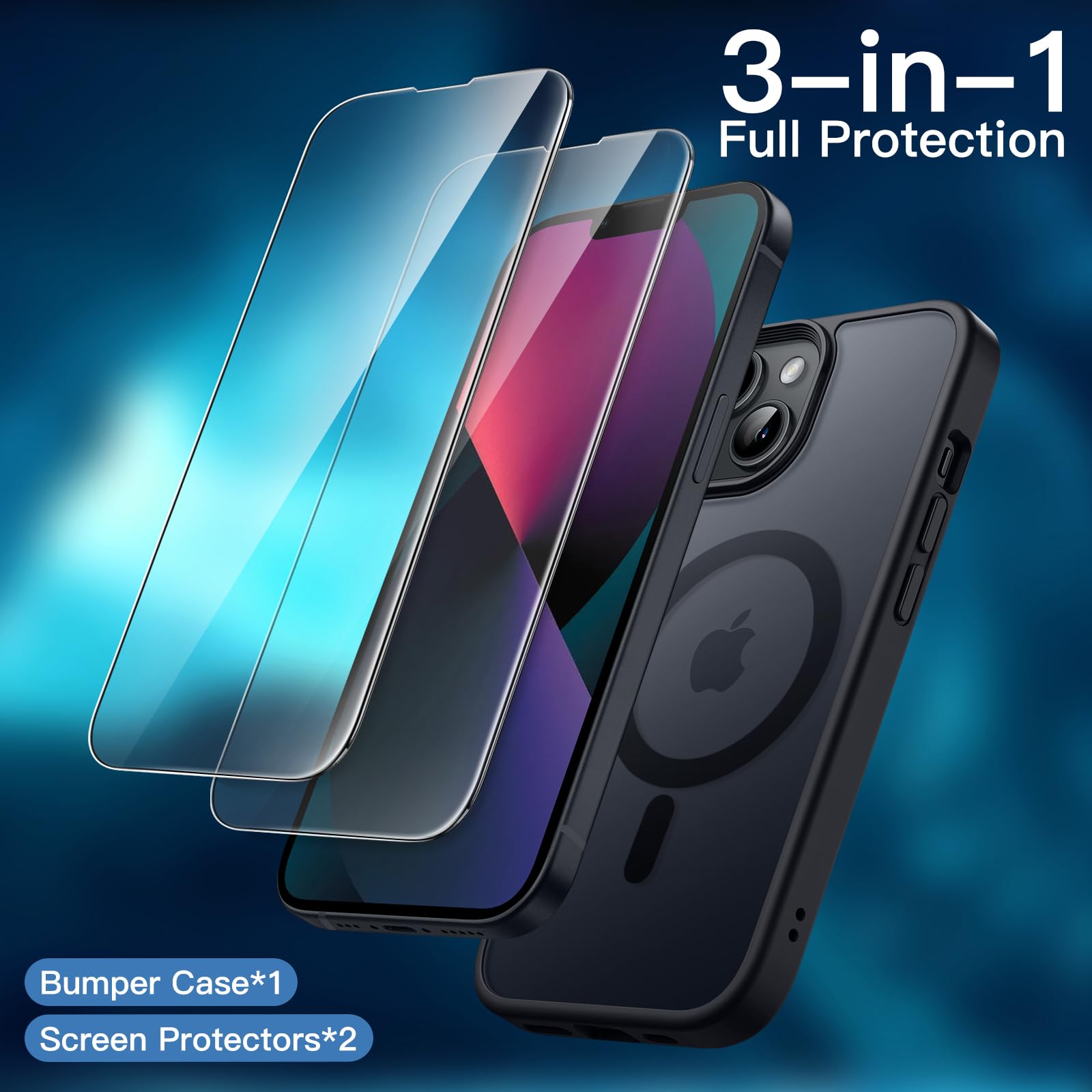 JETech 3 en 1 Funda Magnética para iPhone 13 6.1 Pulgadas con 2 Protectores Pantalla Mica Cristal Vidrio Templado, Compatible con MagSafe, Carcasa Mate Translúcida (Negro)