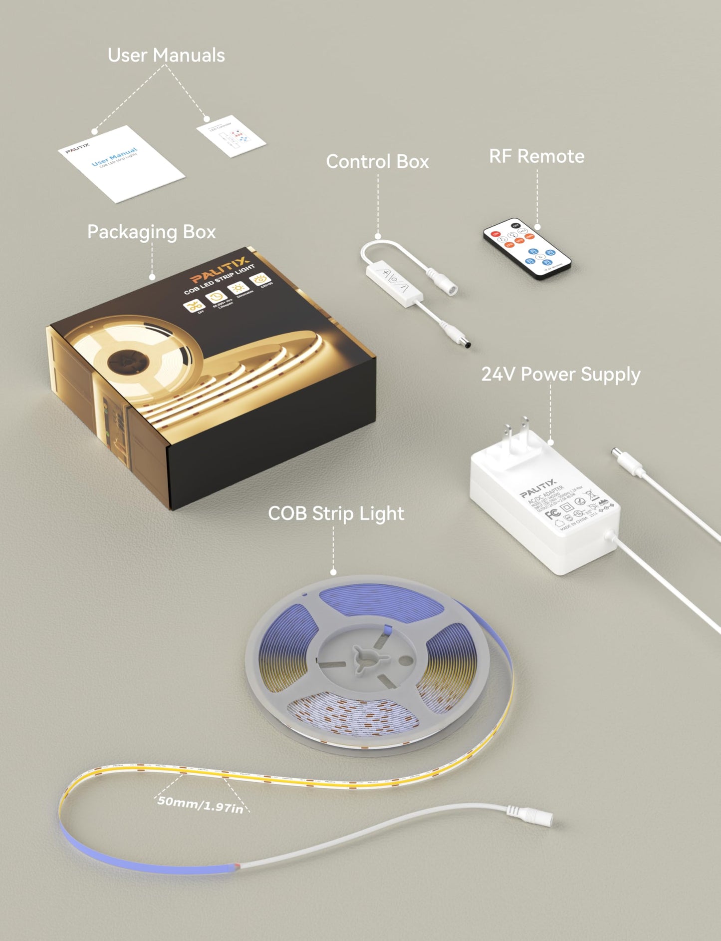 Tira de Luz LED Pautix Blanco Cálido Súper Brillante COB Regulable con Control Remoto para Bricolaje en el Hogar y la Oficina