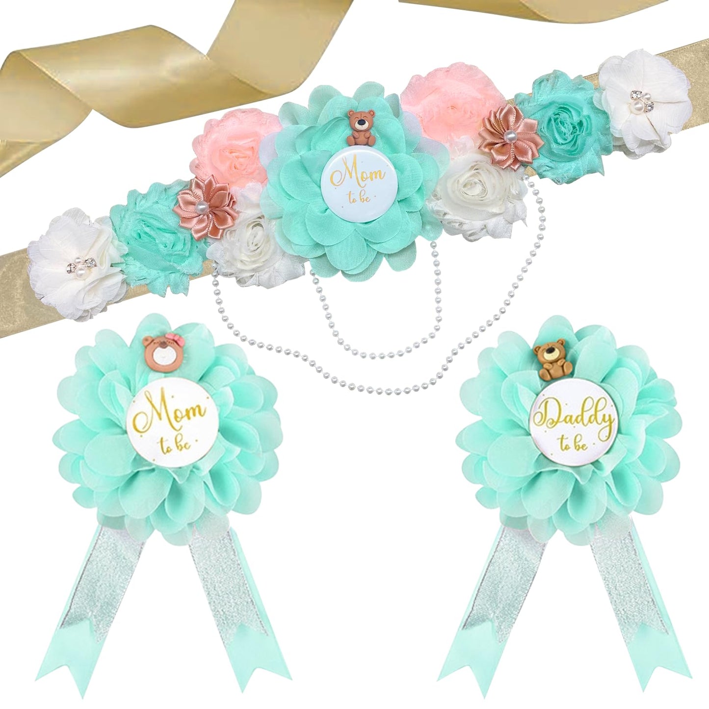 Set de banda y ramillete para revelación de género para maternidad y para ser mamá y papá Ramillete con tema de vegetación Decoraciones de baby shower Banda para la barriga en color agua Revelación de