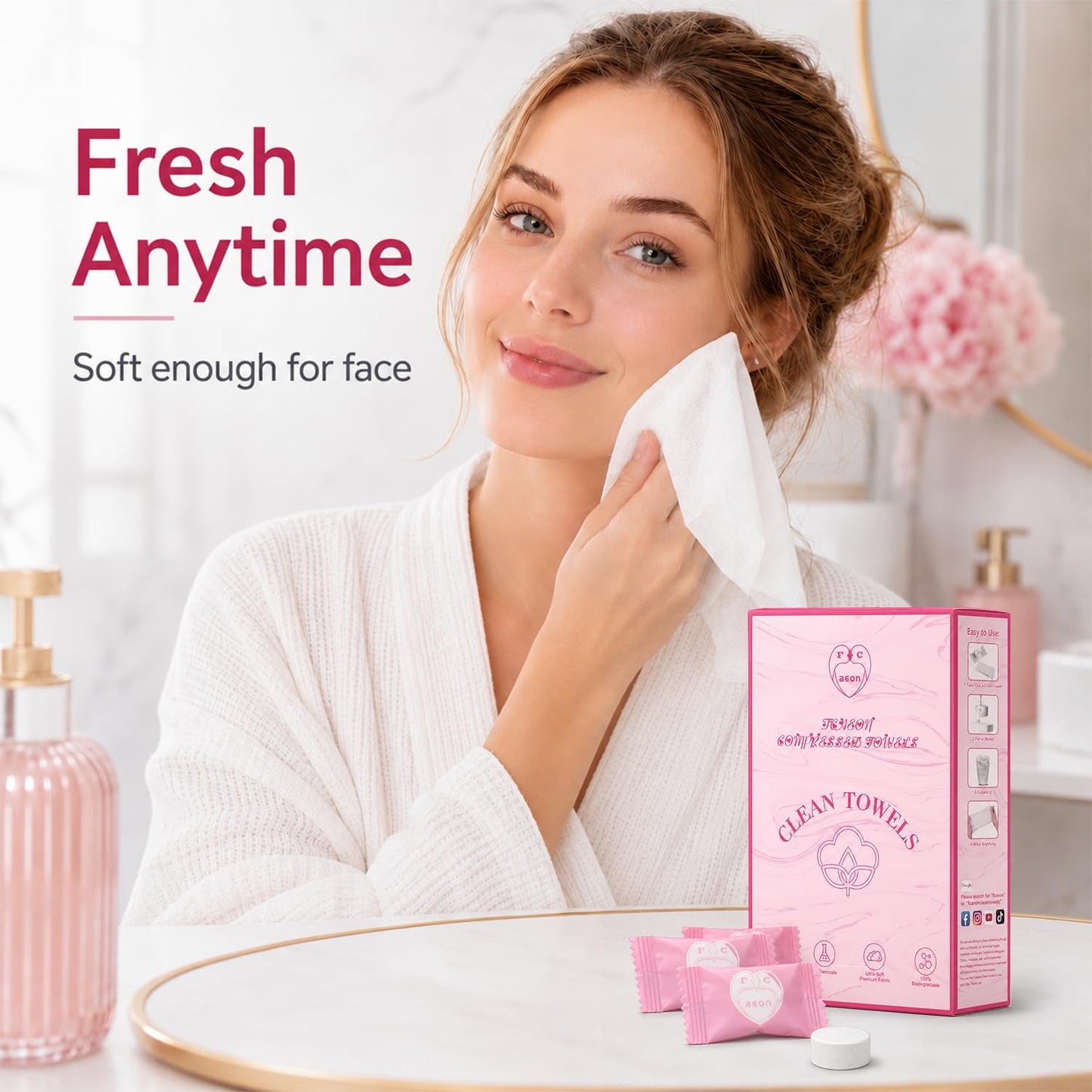 FCaeon Toalla Comprimida de Viaje Desechable 100 Unidad, Toallitas Ultra Suaves para Aclararse los Dedos, Toalla Facial 100% Biobasada, Mini Toallitas Limpiadoras,Ahorran Espacio,Paño Absorbente(Rosa)