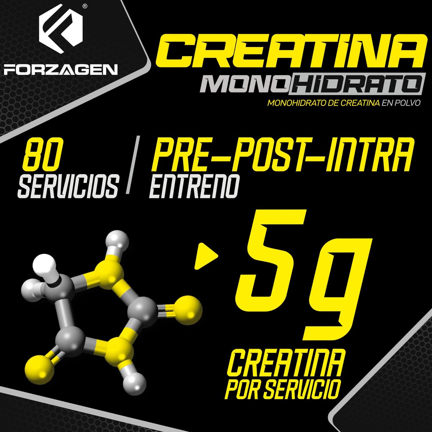 Forzagen | Creatina Monohidrato 100% Pura | 5 g de Creatina | 80 Servicios | Sin Sabor | Pre Entrenamiento | Alto Rendimiento | 400 g