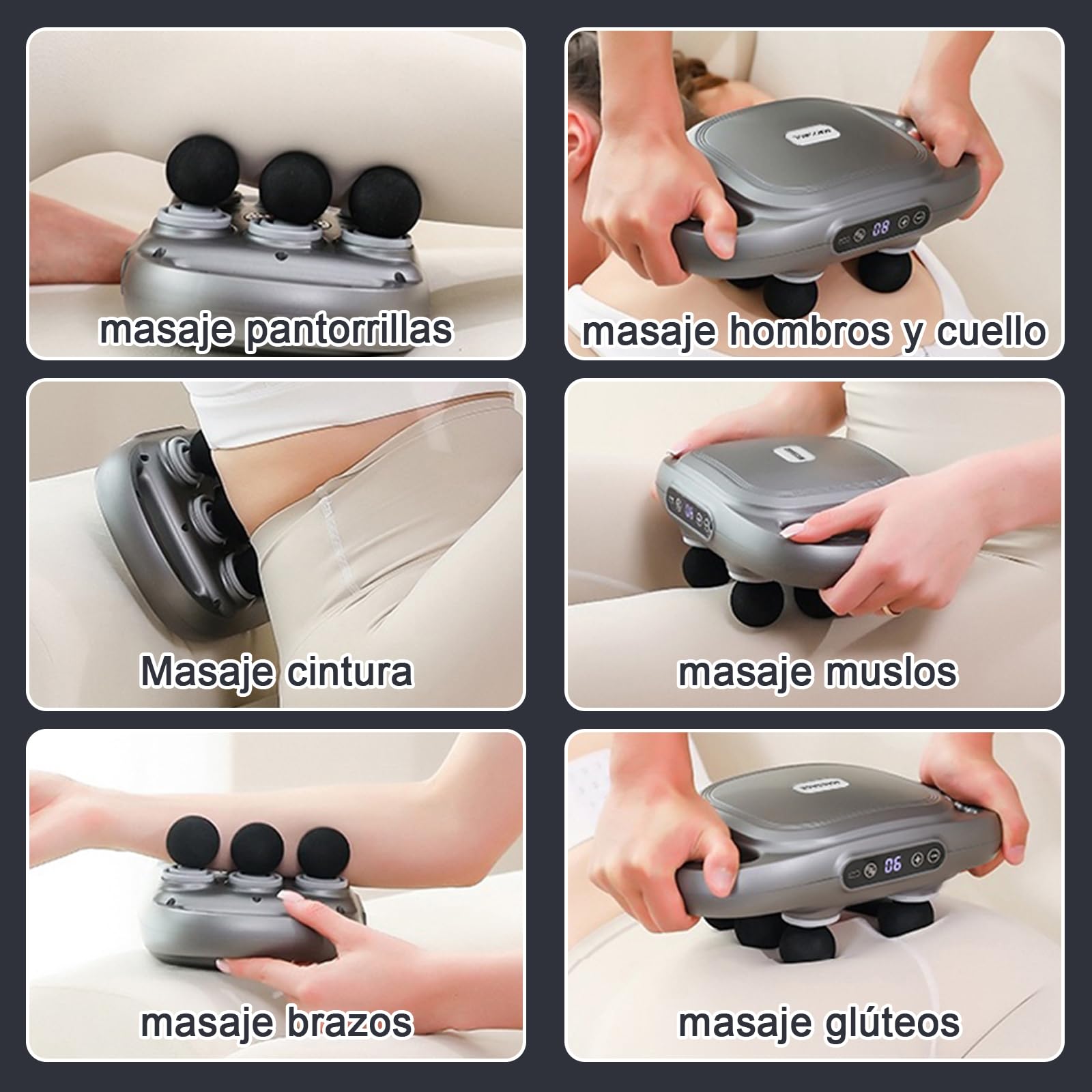 YUDSKU Pistola de Masaje de 6 Cabezas，Masajeador Eléctrico de Tejido Profundo Ajustable de 9 Modos Y 9 Niveles con Pantalla LCD, Masajeador Muscular de Cuerpo Completo con Múltiples Cabezas para Relajar Los Músculos Y Aliviar el Dolor(Gris)