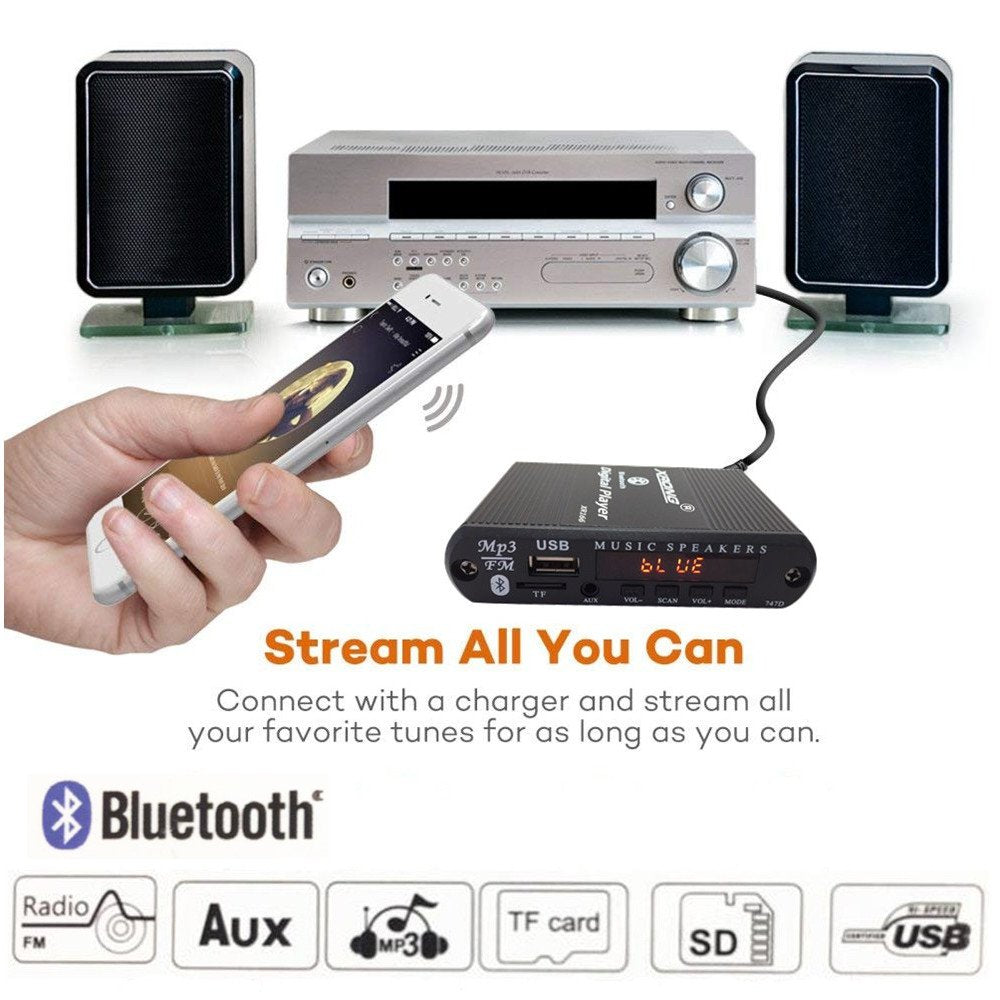 XRONG - Receptor de audio Bluetooth, radio FM, reproductor digital MP3, pantalla digital LED, reproducción de tarjeta SD/USB, salida de audio de 3.5mm