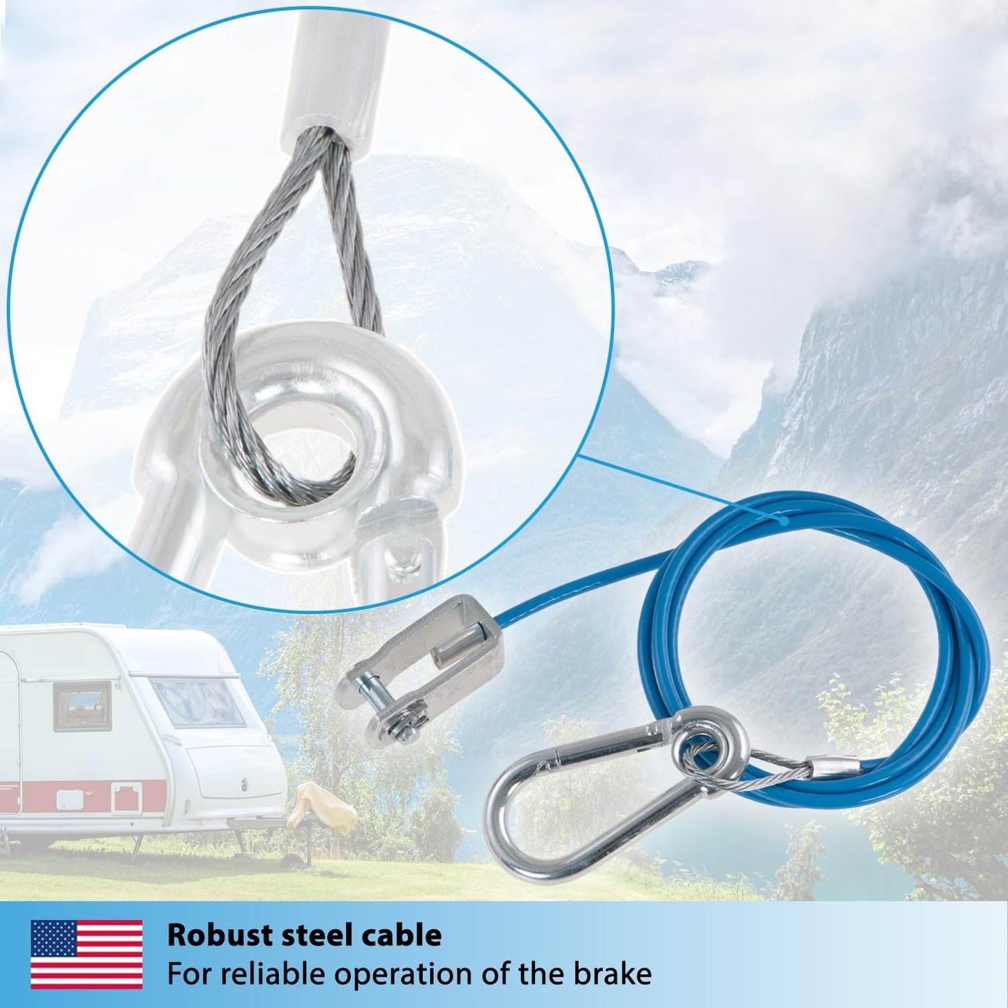 Valonic Cable Breakaway para remolques y caravanas, 1 m, azul, con mosquetón, 250 kg de resistencia a la rotura, cable Breakaway con cabeza de horquilla (grillete), Ripcord, cable Breakaway