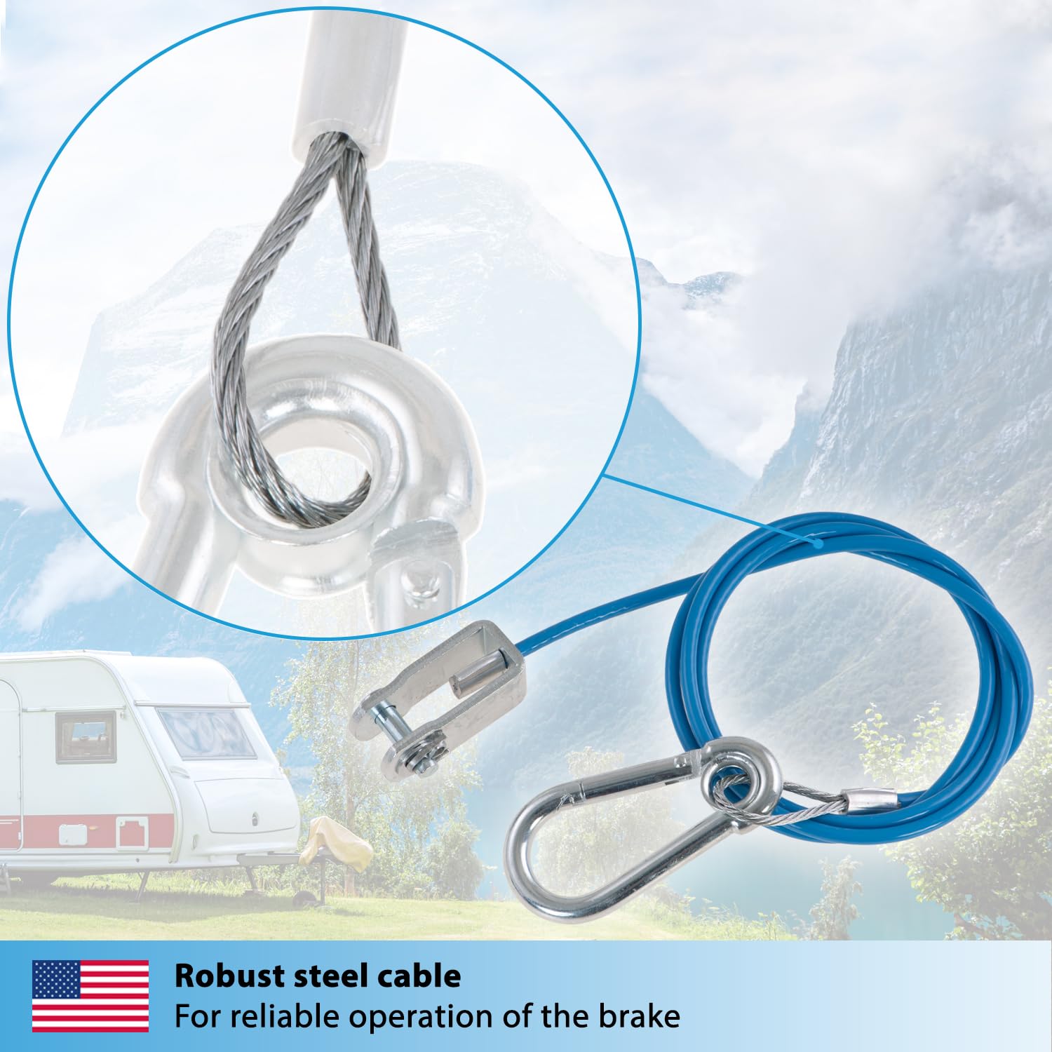 Valonic Cable Breakaway para remolques y caravanas, 1 m, azul, con mosquetón, 250 kg de resistencia a la rotura, cable Breakaway con cabeza de horquilla (grillete), Ripcord, cable Breakaway