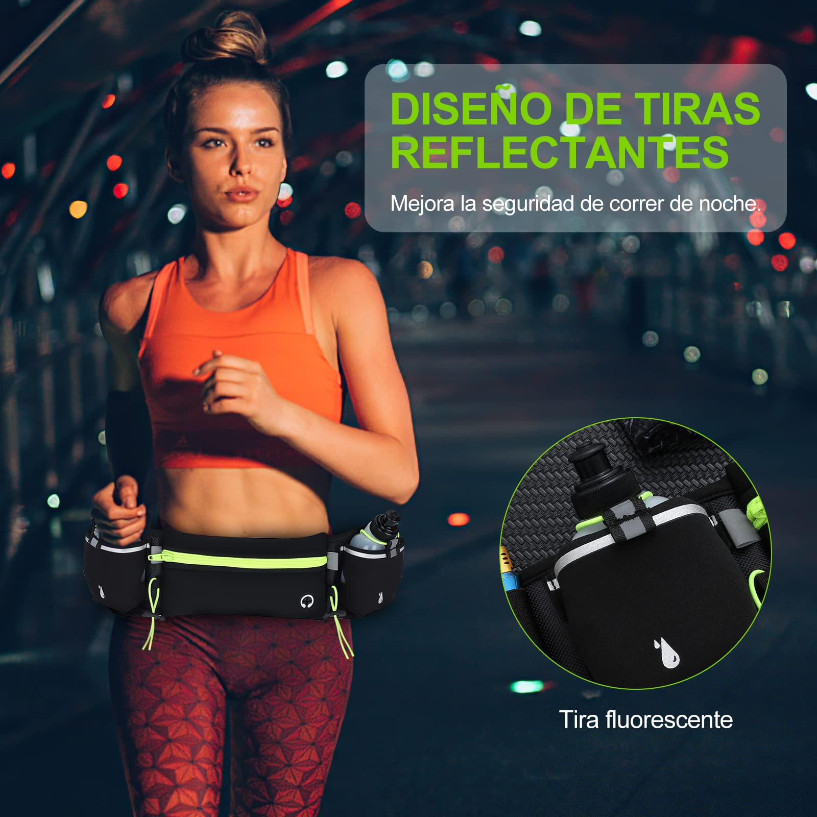 Cangurera Deportiva HONGHCL Verde con 2 Botellas de Agua y Cinturón Regulable para Correr