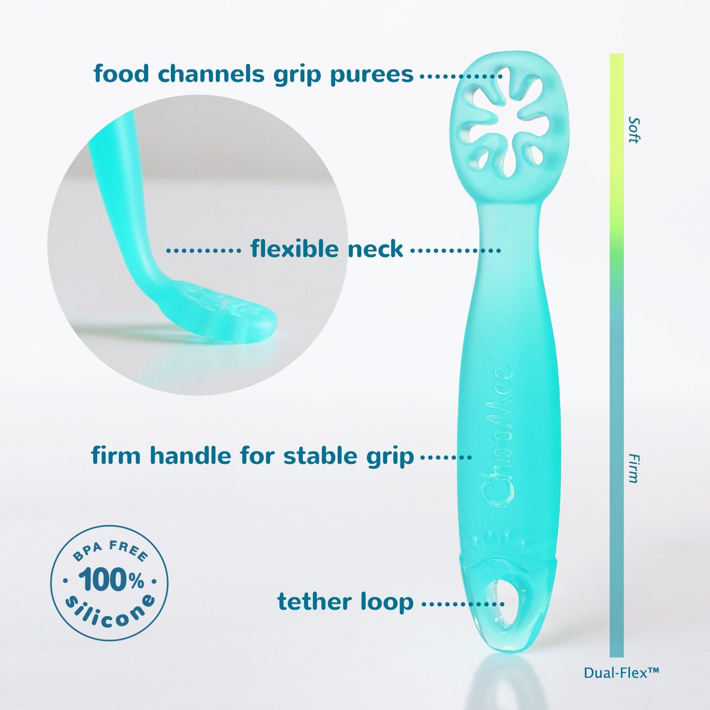ChooMee ? Cuchara de iniciación de silicona 100% nueva. Agarre firme y flexible. Se dobla con cada tazón, Verde Aqua