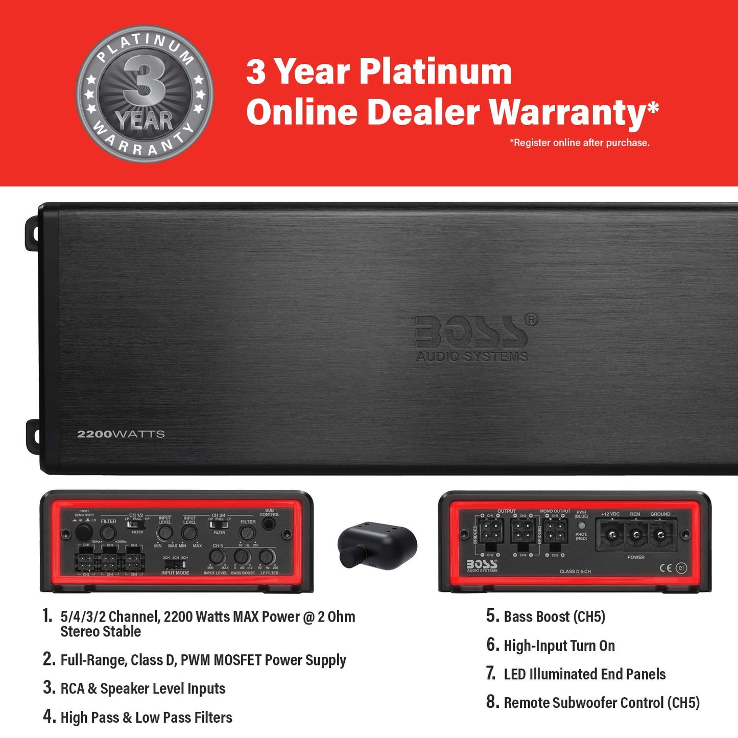 BOSS Audio Systems Elite BE2200.5D Amplificador de Coche de 5 Canales Clase D 2200 W, 2 Ohm Estable, Digital, Rango Completo, Fuente de alimentación Mosfet, Ideal para Altavoces y subwoofers