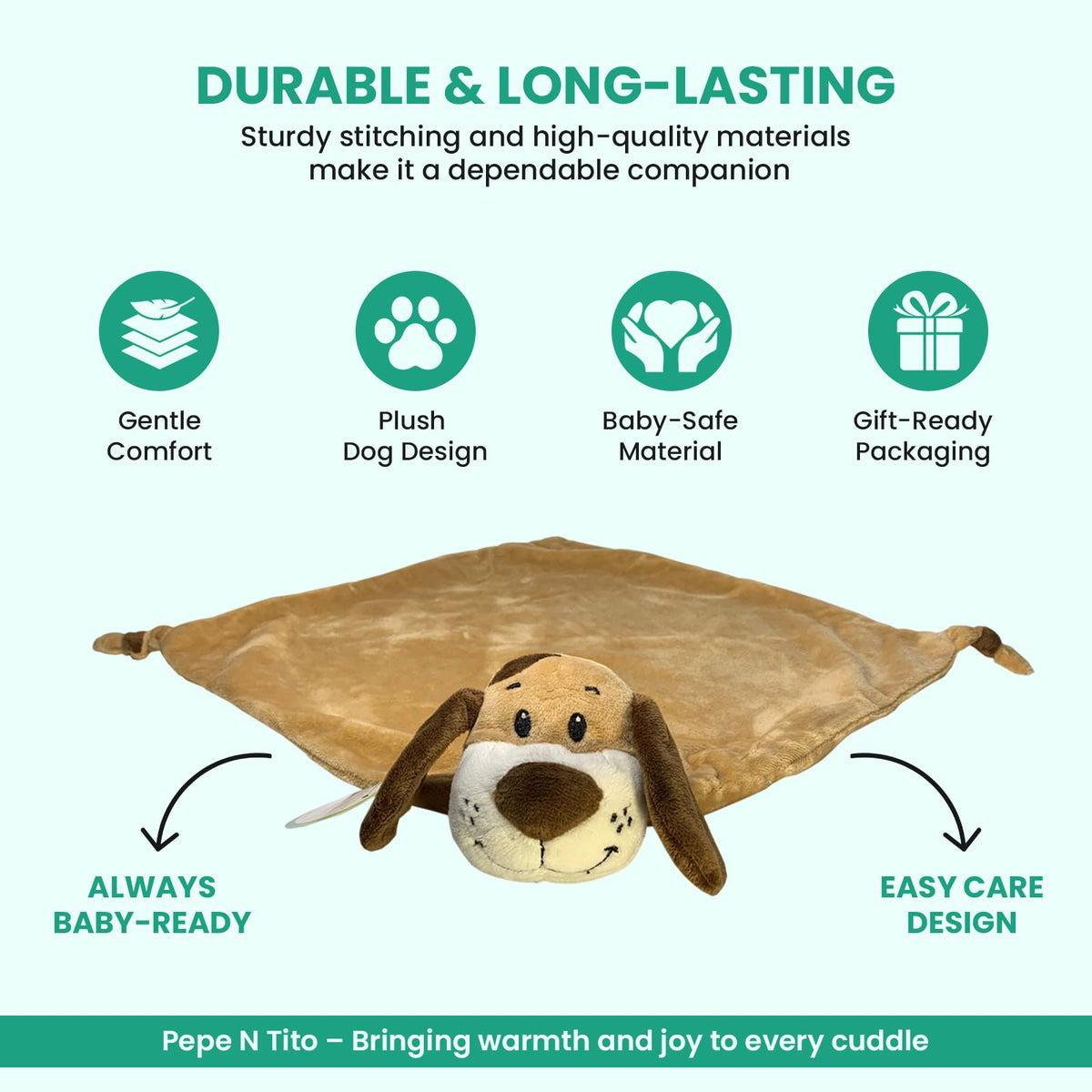 Pepe n Tito - Manta de seguridad para bebé, 45 cm de alto, suave forro polar, manta para bebé para niños y niñas, manta calmante con peluche de animal, Perro marrón, 17