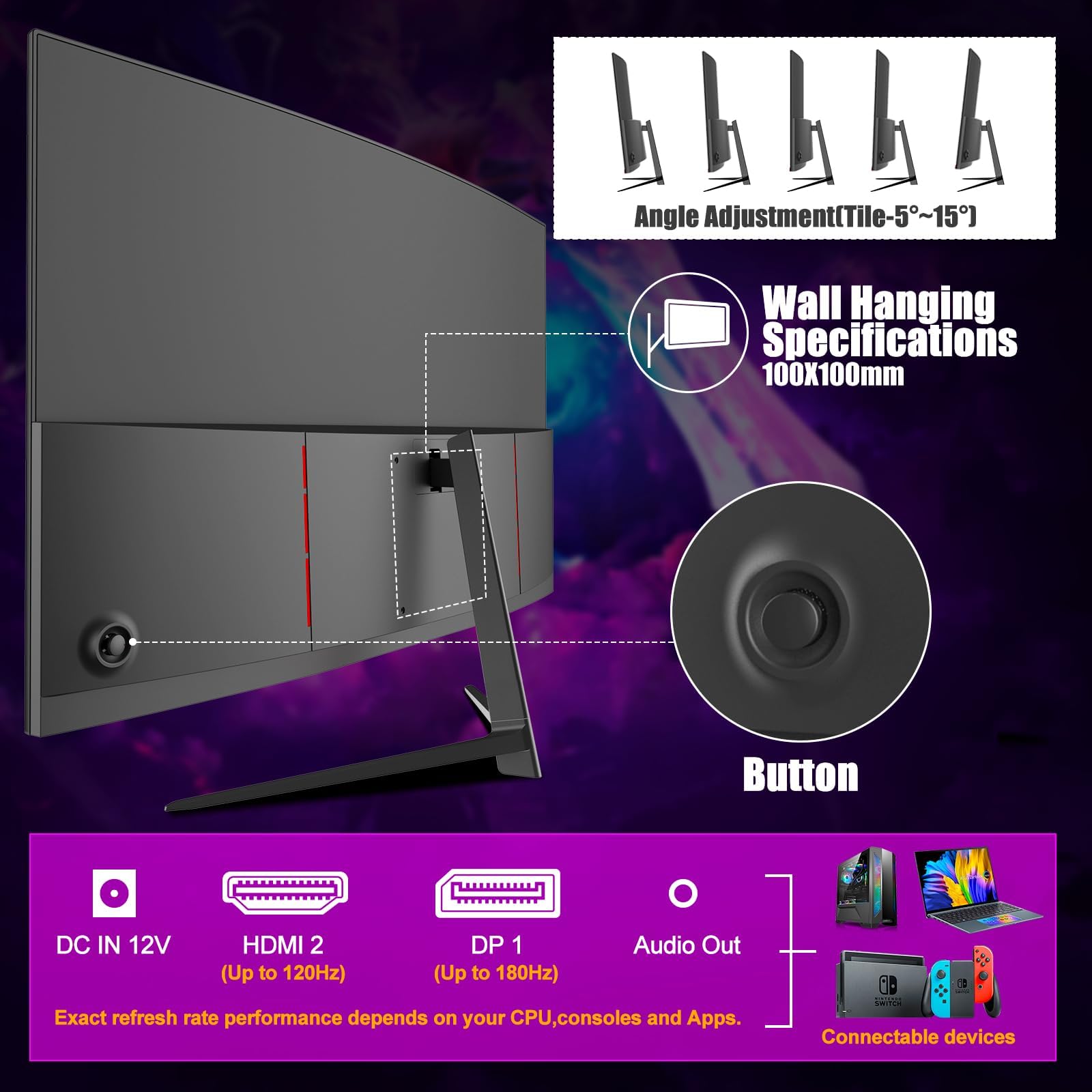 Gawfolk Monitor Gamer 27 Pulgadas Curvo 180Hz, 1800R 165Hz Curva Monitor PC Full HD 1080P, Pantalla de Computadora sin Marco con Tecnología FreeSync y Eye Care, Compatible con Puerto VESA, DP, HDMI
