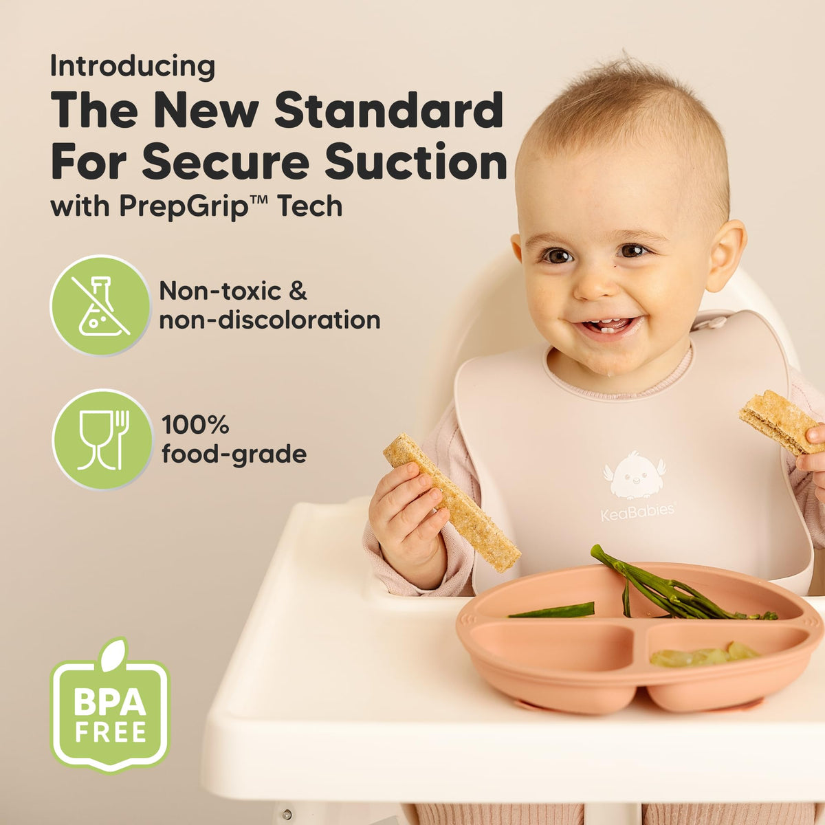 KeaBabies Platos infantiles para bebé, 3 unidades, 100% silicona, con ventosa, platos para niños divididos con división, placas de silicona para bebé, sin BPA, aptos para microondas (roseate)