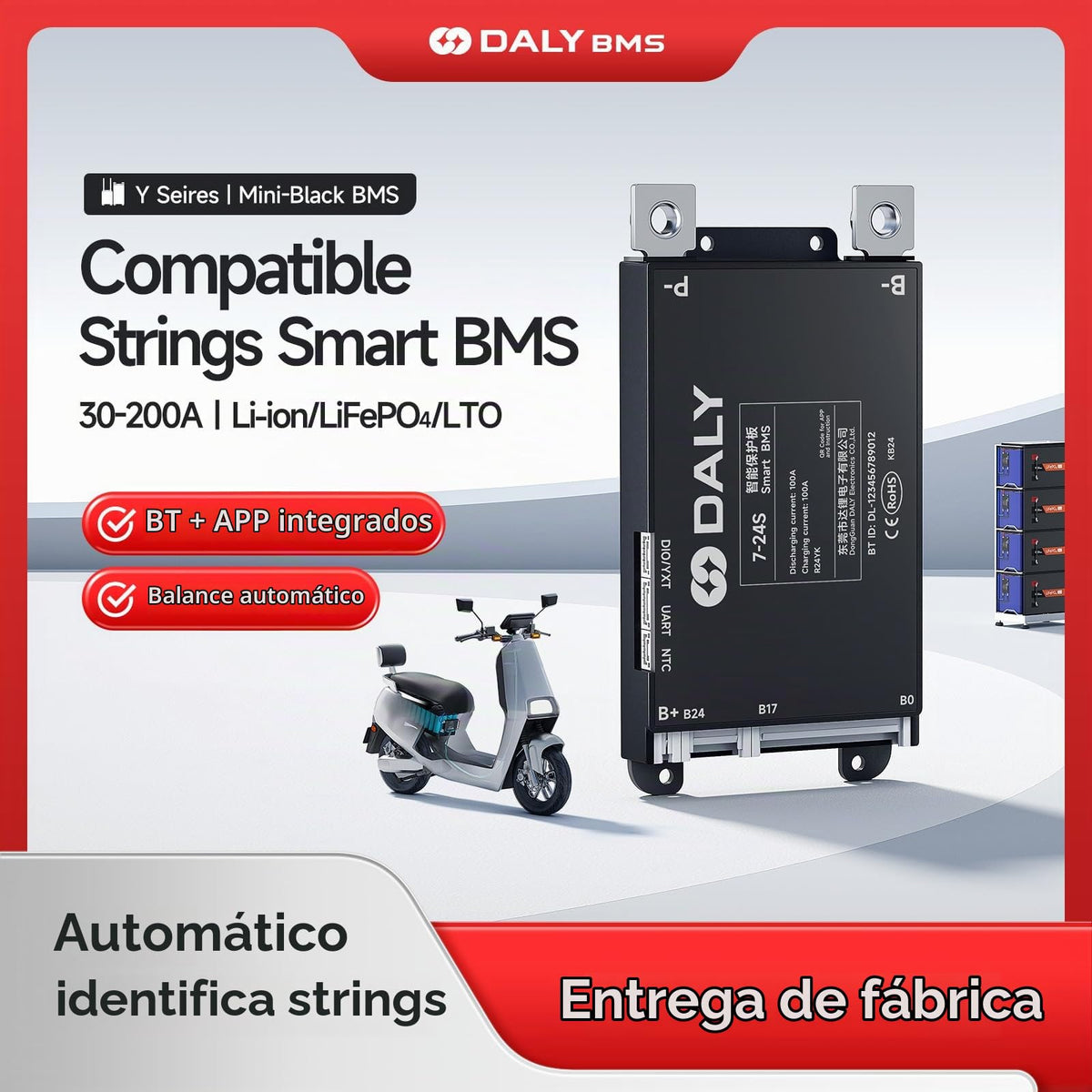 BMS DALY Bluetooth Integrado 30A 12V-24V Protección de Batería de Litio para E-Bikes y Scooters