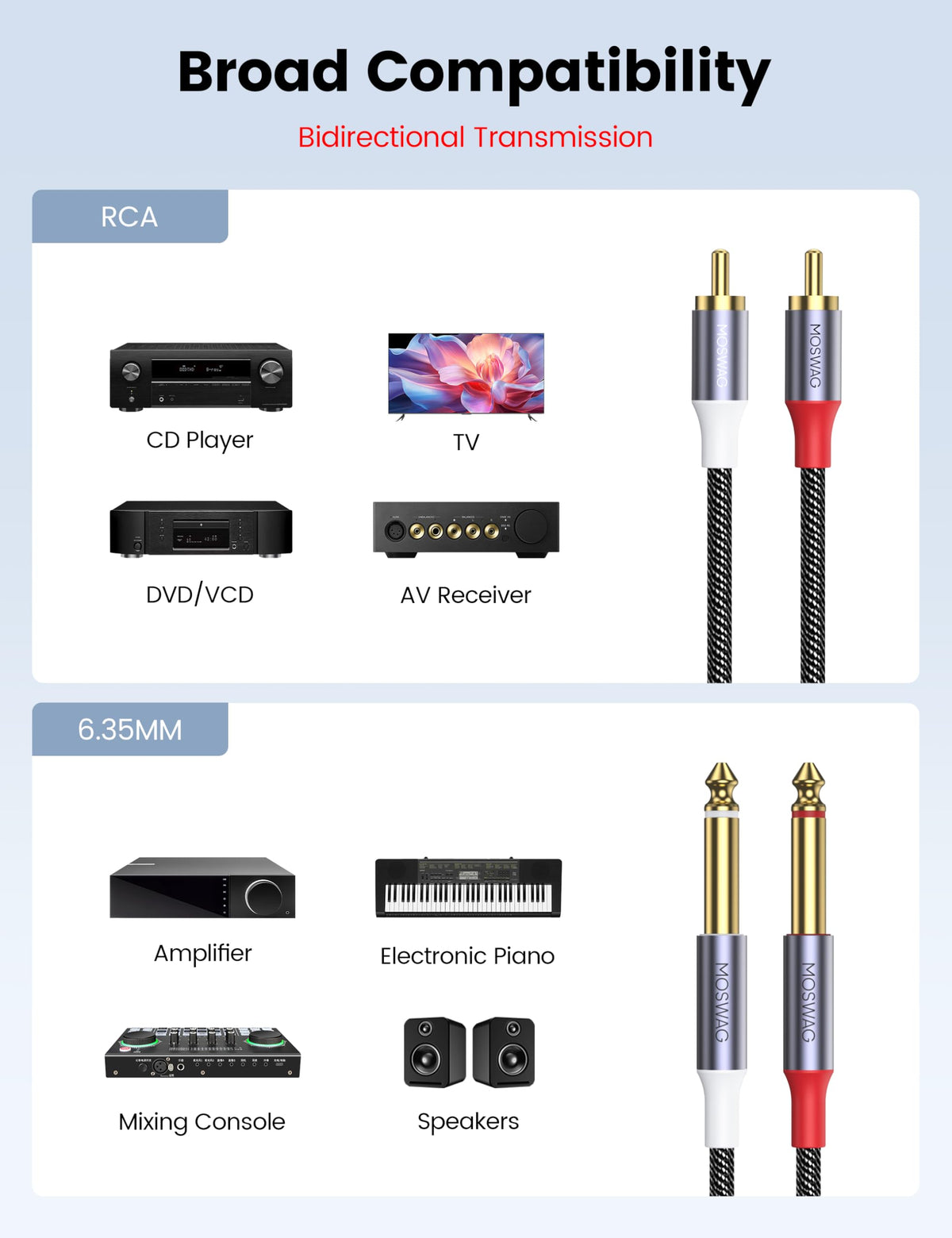 Cable Adaptador de Audio Estéreo MOSWAG Dorado para Mezclador y Amplificador