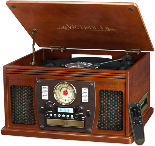 Reproductor de Discos Bluetooth Victrola Clásico 8 en 1 Navigator con Codificación USB y Tocadiscos de 3 Velocidades