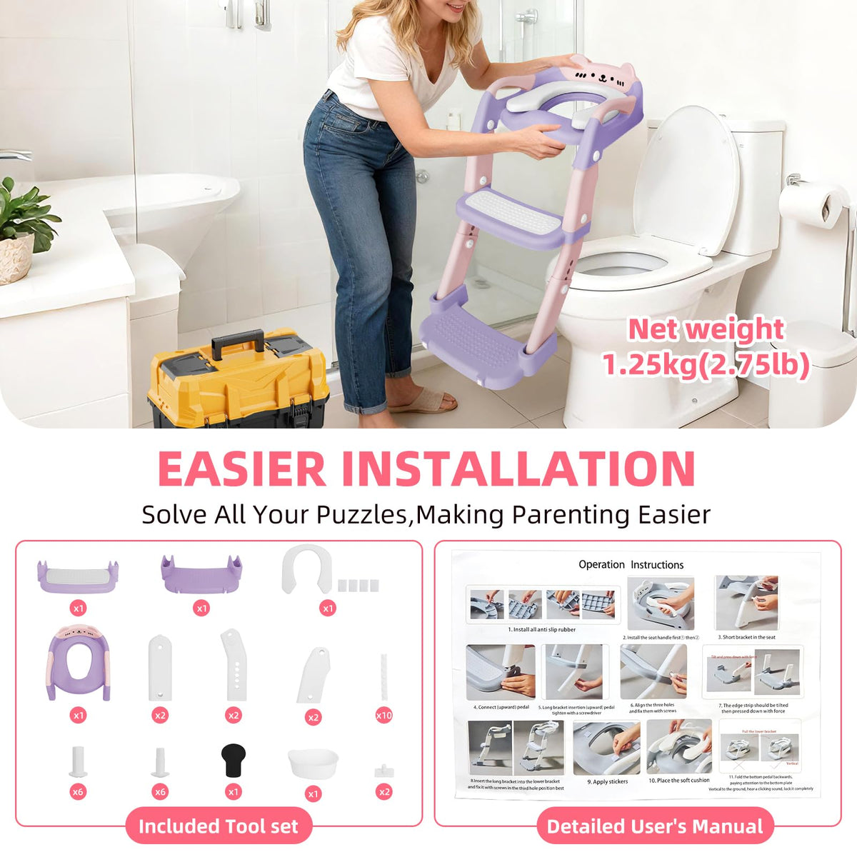 Asiento de entrenamiento para ir al baño, asiento de inodoro para niños y niñas, inodoro 3 en 1 con taburete de escalón, antideslizante plegable (morado + rosa)