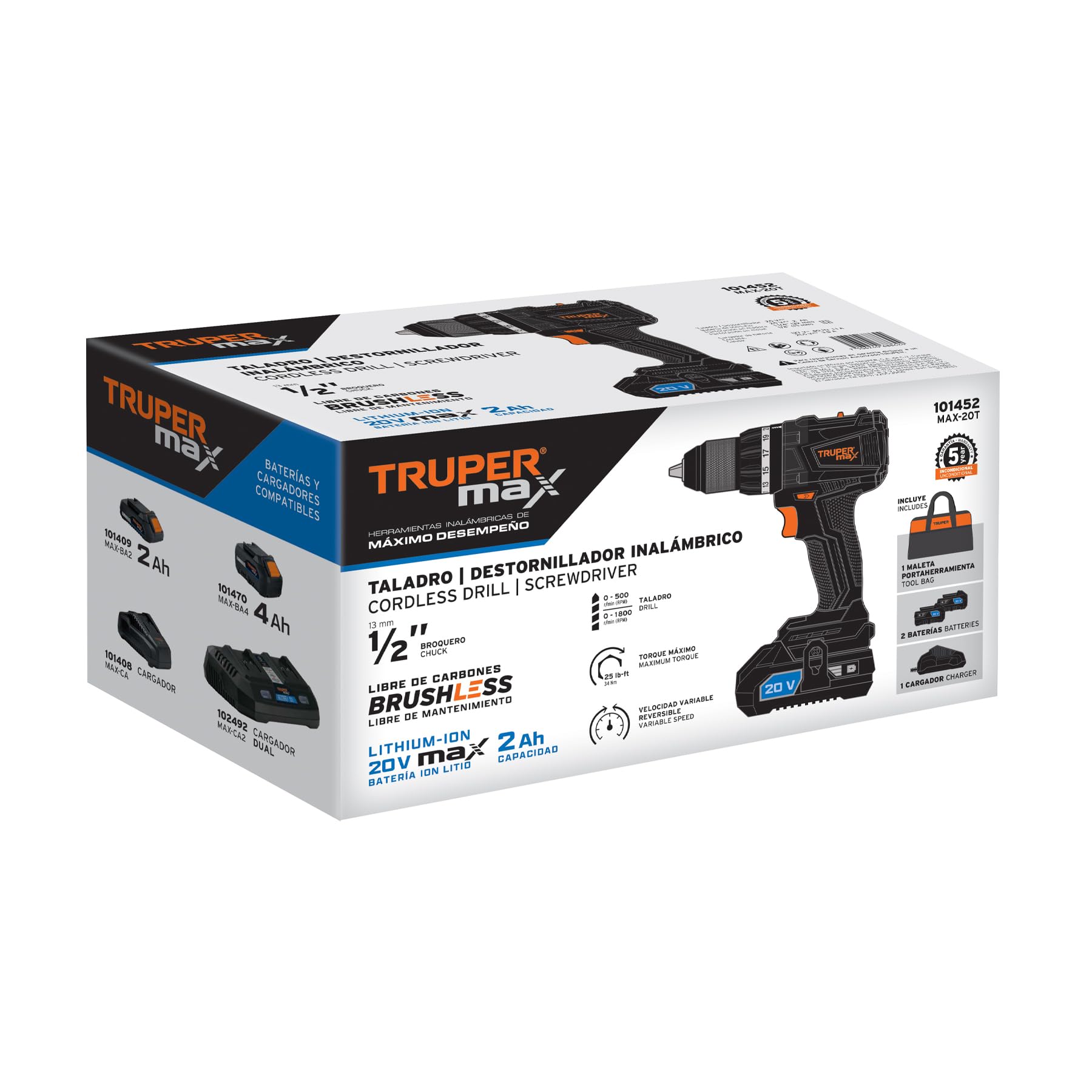 Truper Max MAX-20T, Taladro inalámbrico 1/2", motor libre de carbones (brushless), con 2 baterías Ion Litio 2 Ah y maleta de 14", 20 V
