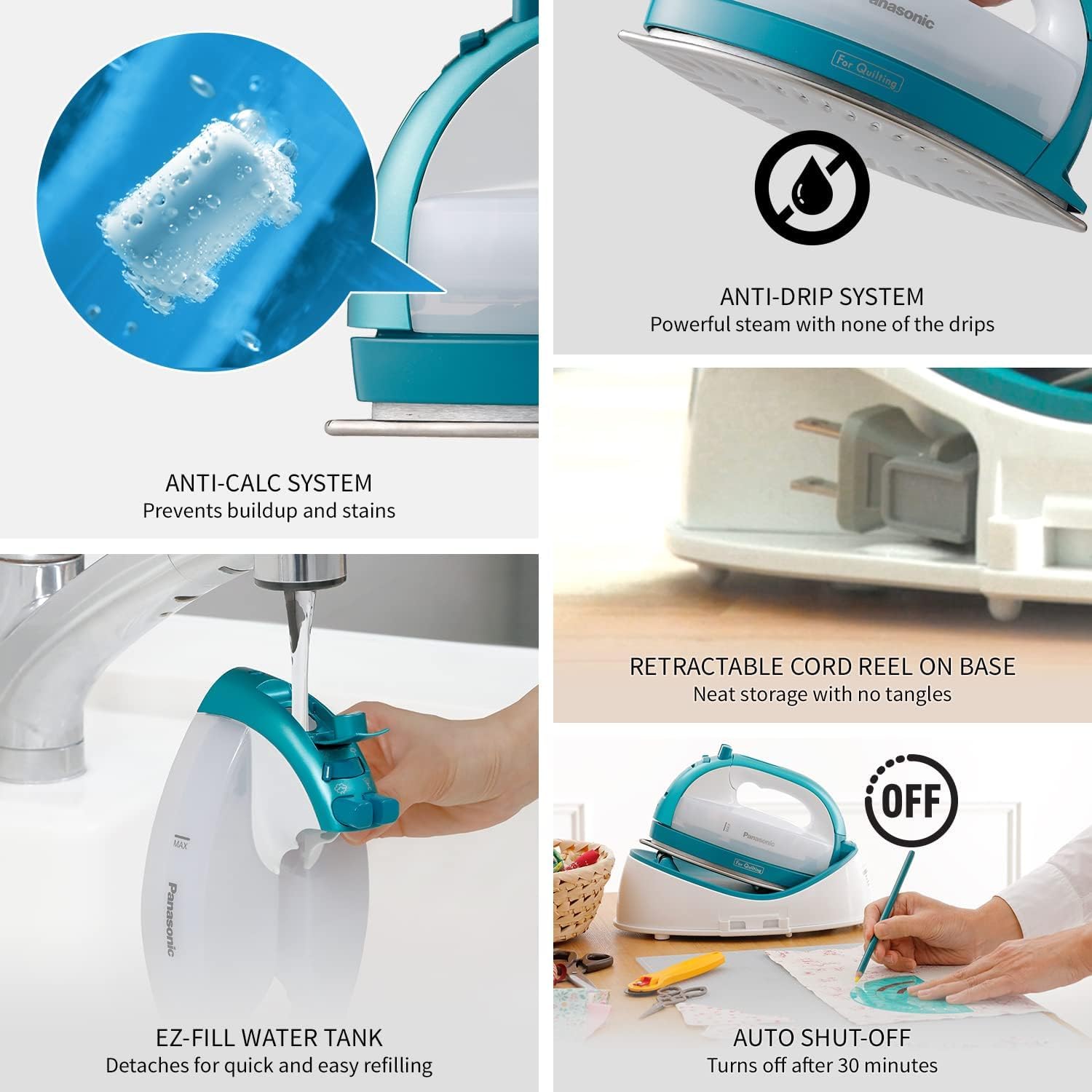 Plancha Inalámbrica Portátil Panasonic Verde Azulado con Puntas de Precisión y Suela de Acero Inoxidable