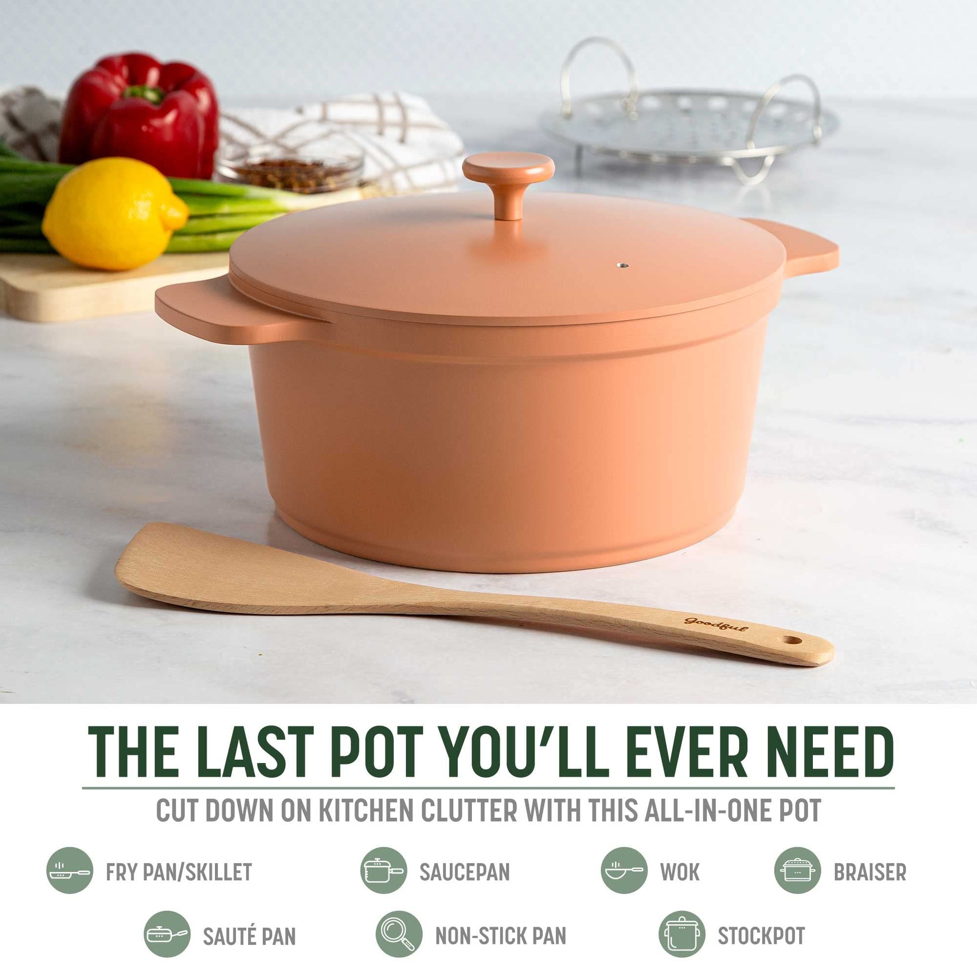Goodful - Olla todo en uno, antiadherente de revestimiento múltiple, horno holandés fundido de alto rendimiento con tapa a juego, estante para asar y volteador, hecha sin PFOA, utensilios de cocina