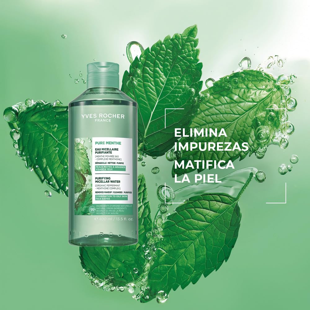 Yves Rocher Agua Micelar Desmaquillante Purificante Pure Menthe, Piel Mixta a Grasa, Elimina impurezas y maquillaje, Vegana, 400 ml