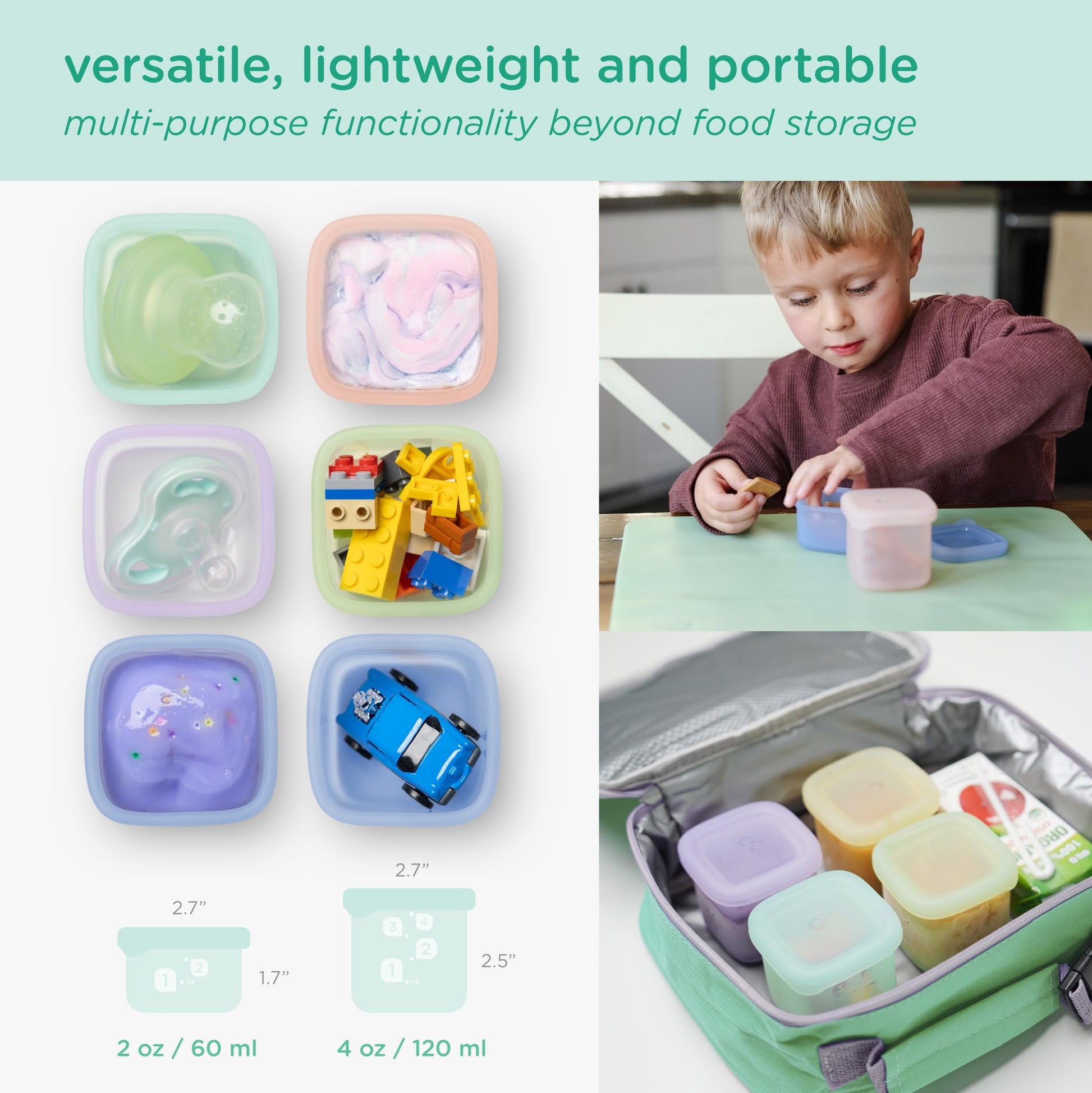 Olababy Clear Sense - Contenedores de almacenamiento de silicona, 4 unidades para alimentos de bebé, aperitivos, fórmula, puré, salsa y más, micro plástico y sin BPA, esenciales para la guardería para