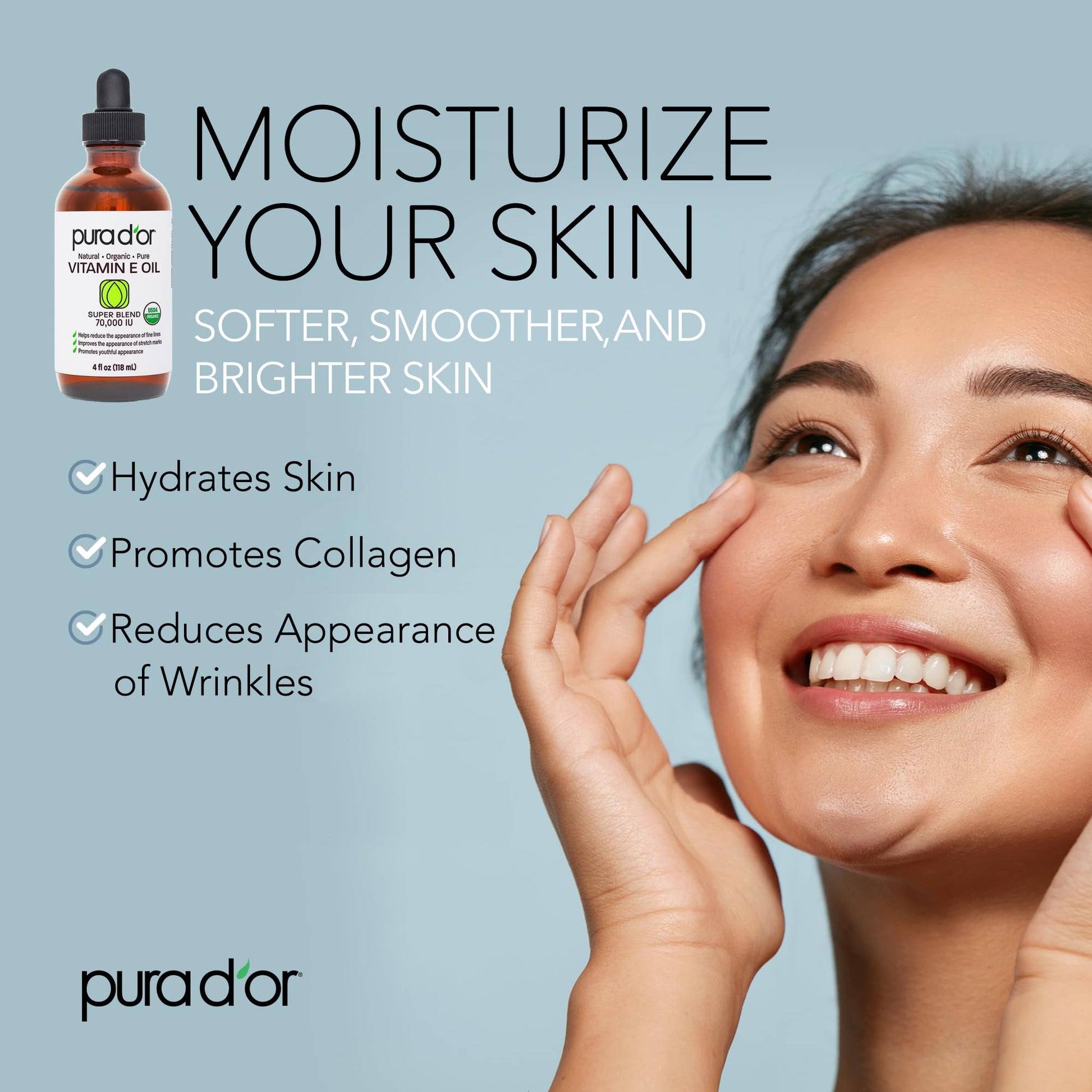 PURA D'OR Organic Vitamin E Oil (4oz / 118mL) 70,000 IU 100% Pure Natural USDA Organic For Skin Face Hexane Free w/Sweet Almond, Apricot, Jojoba, Argan, Rosehip, Sunflower & Avocado Oil For Bath Body