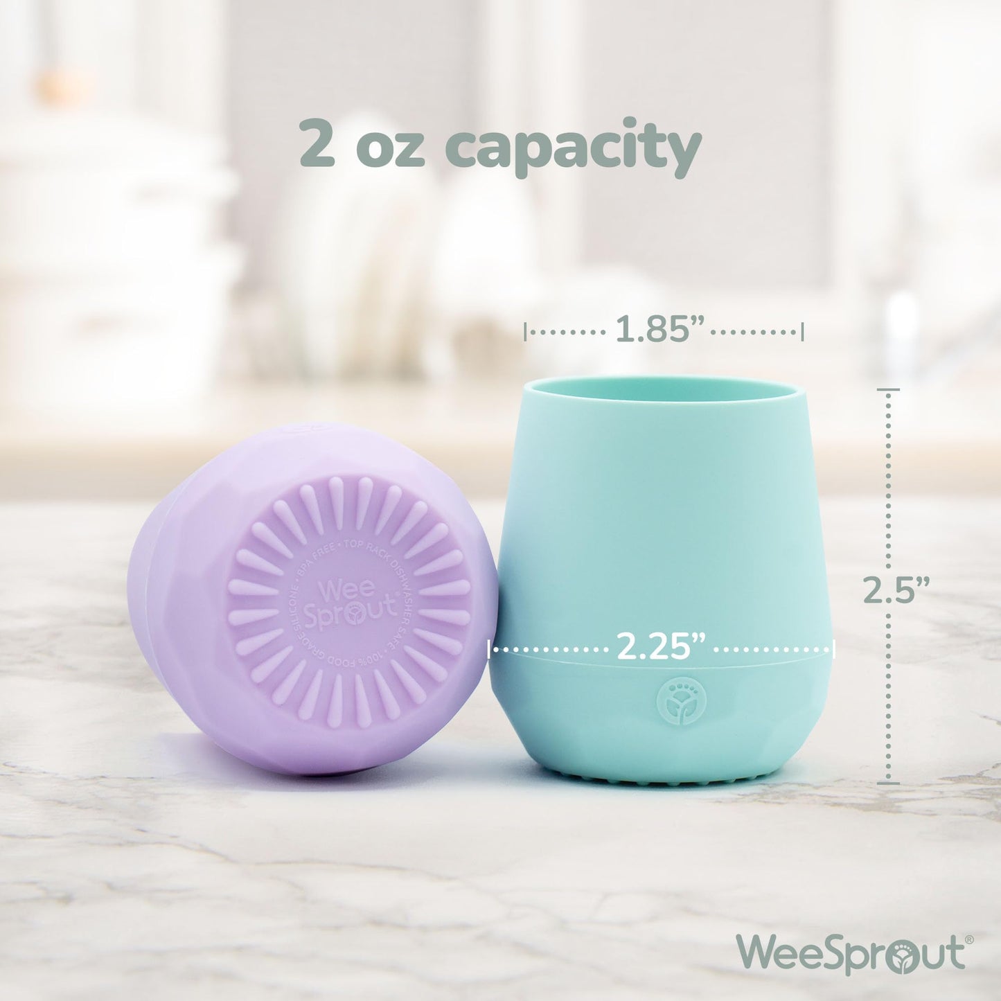 WeeSprout Vasos de silicona para bebés - Juego de 2 vasos de silicona suave - Vaso abierto de 56 g para bebés de 6 meses en adelante - Agarre antideslizante, base con peso - Suave para encías y diente